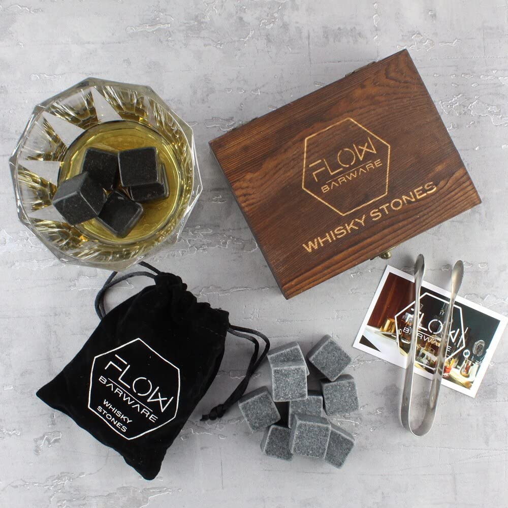 FLOW Barware Whisky Stones Gift Set | 9 Polished Whisky Stones | Whiskey Stone Gift for Dad | Whiskey Stone Gift Set with Wooden Box | Whiskey Stone with Storage Pouch | Granite