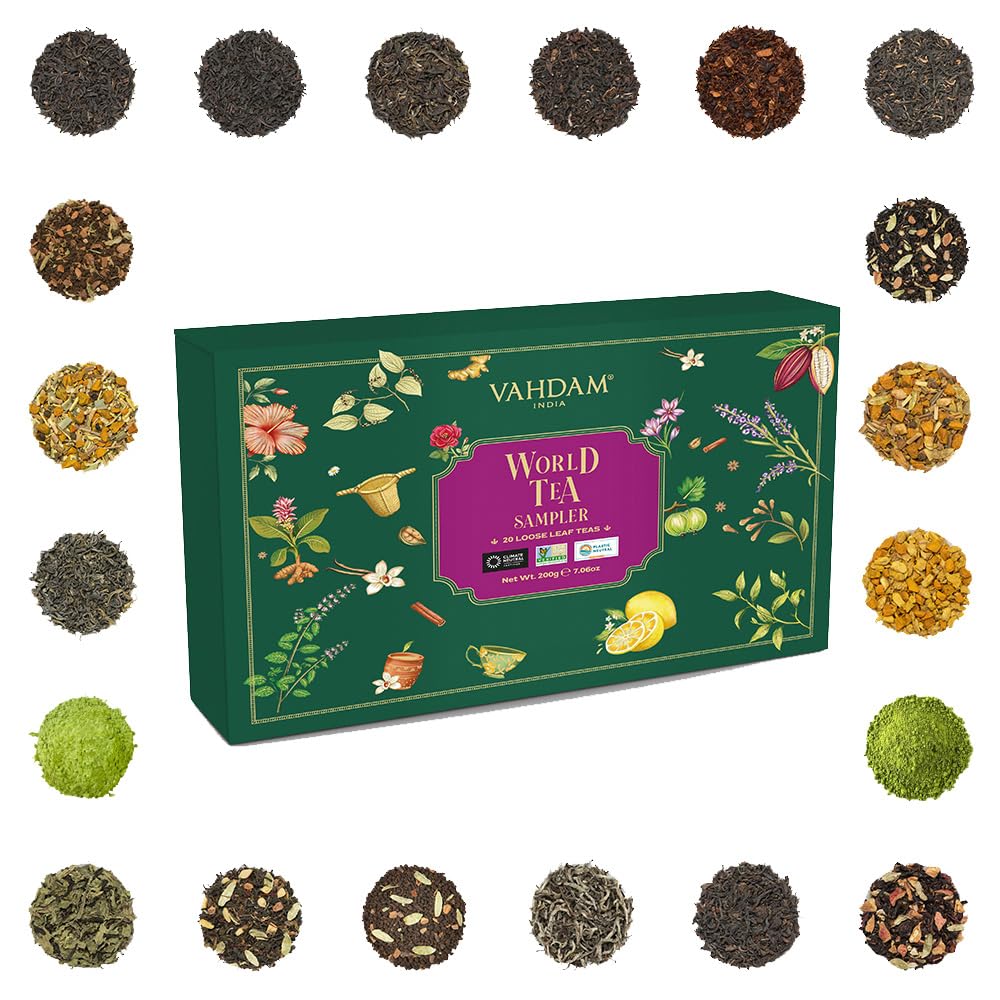 VAHDAM, Assorted Loose Leaf Tea Sampler (20 Teas, 100 Servings) Gluten Free, Non GMO, Tea Variety Pack - Black Tea, Green Tea, Oolong Tea, White Tea, Chai Tea & Herbal Tea | Gifts for Women & Men