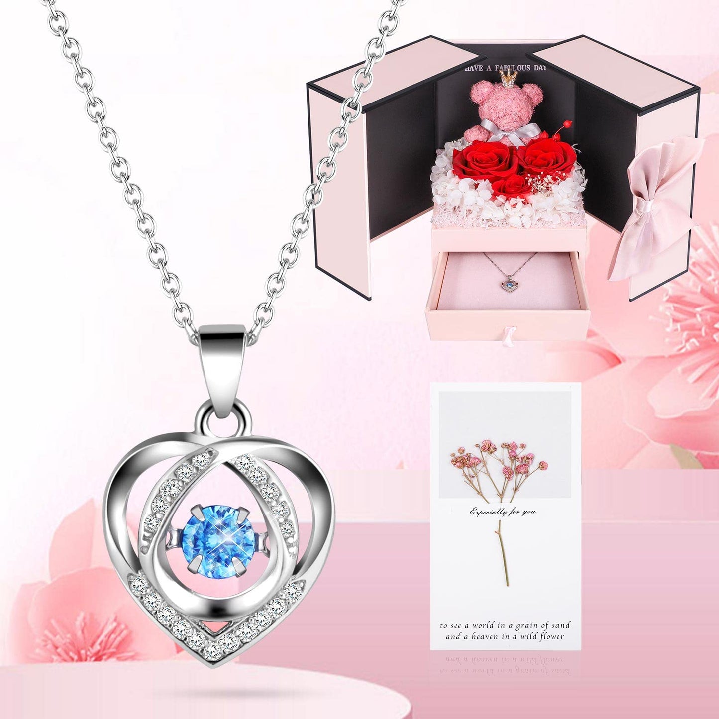 ADDWel Forever Rose Necklace Gift Box for Girlfriend, Cute Preserved Roses Gifts for Her with 925 Sterling Silver Necklace on Xmas, Mothers Day, Birthday and Valentine's Day From Son Red Roses Valentines day gifts for her