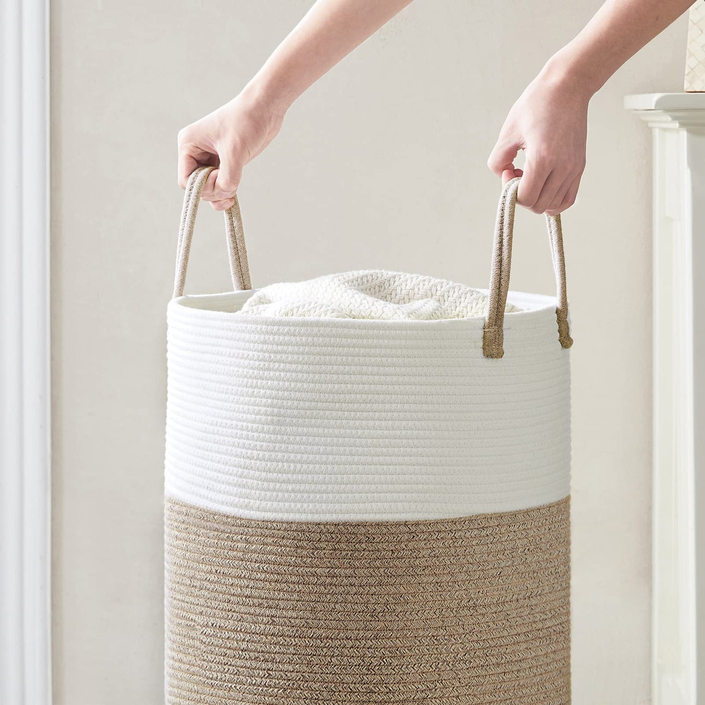 YOUDENOVA Cotton Rope Basket Large Blanket Basket Woven Storage Basket Toy Storage Organiser Nursery Decor Laundry Hamper with Handle 58L (38cm(D) x50cm(H), White & Brown) 38cm(D)x50cm(H) White & Brown 1