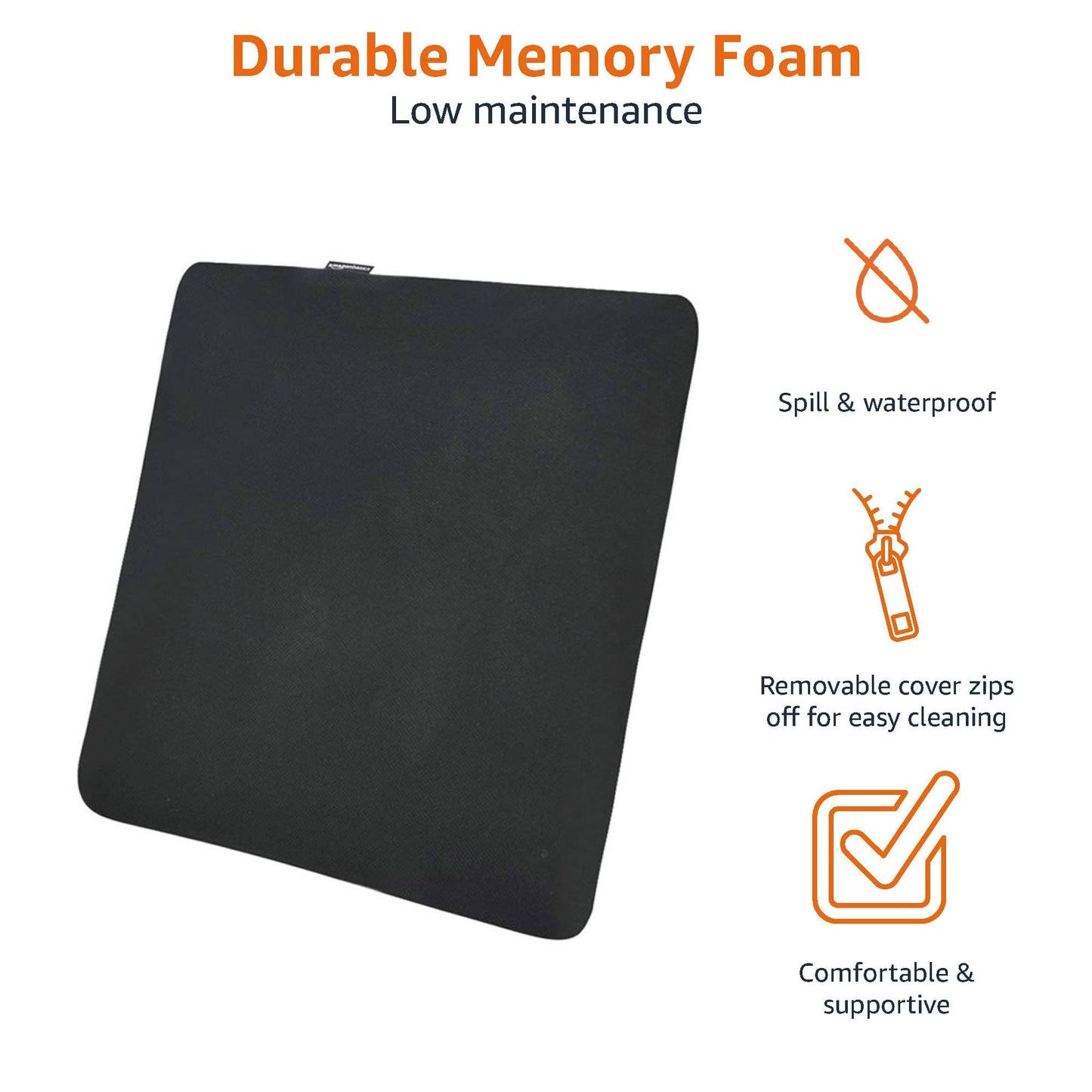 Amazon Basics Square Memory Foam Seat Cushion, 37.6 x 38 x 3 cm, Black