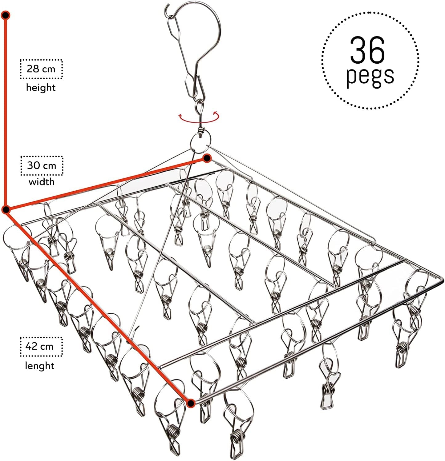 Straame Metal Sock Hanger, Stainless Steel Drying Rack with 36pcs Pegs and Swivel Hook, Windproof Laundry Metal Square Hanger for Socks, Underwear and Small Items (2) 2