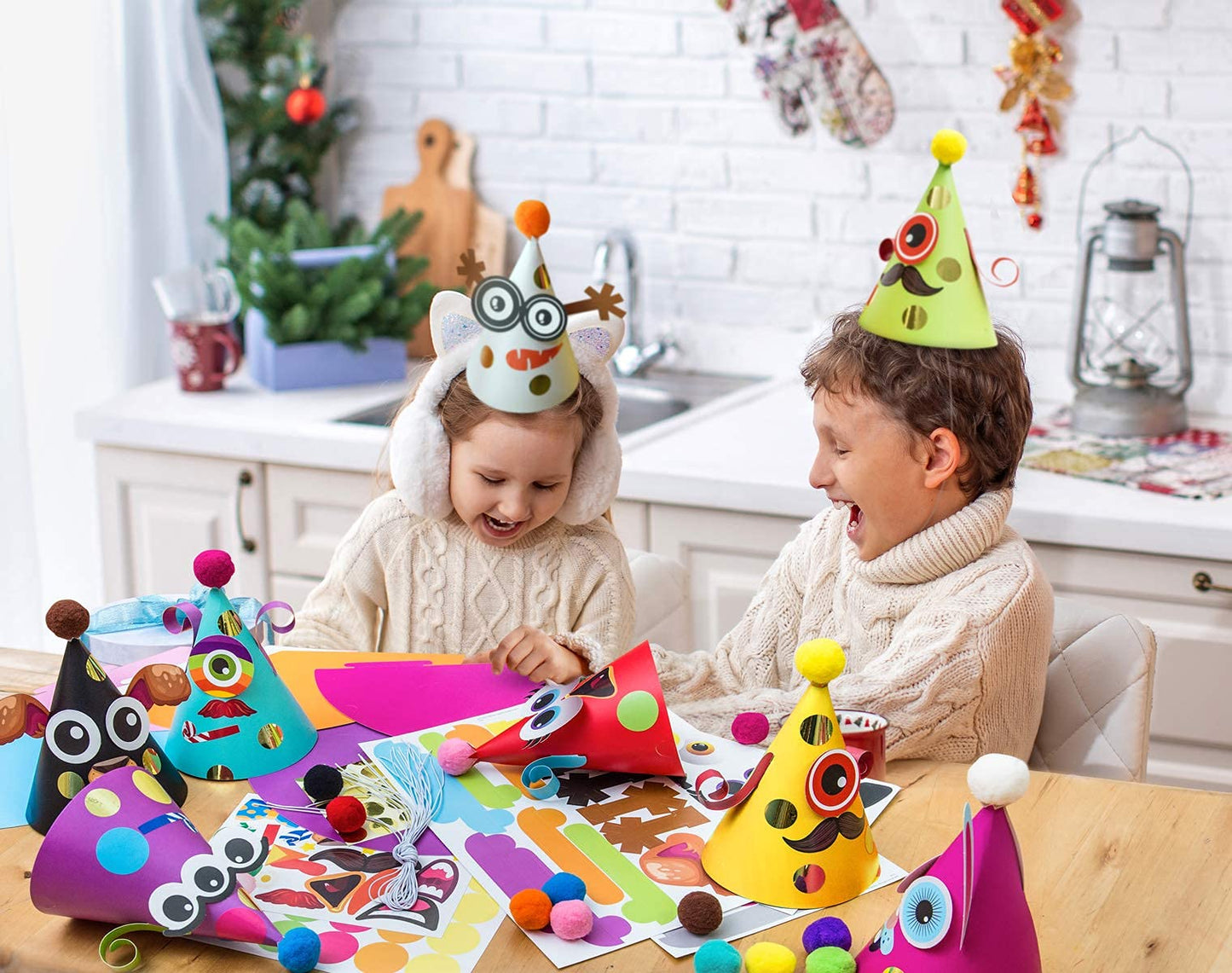 Party Hats Birthday Activity Kit with Stickers, Fun Arts & Crafts for Kids. Animal & Monster Theme Party Favor, Game Supplies 12 hats