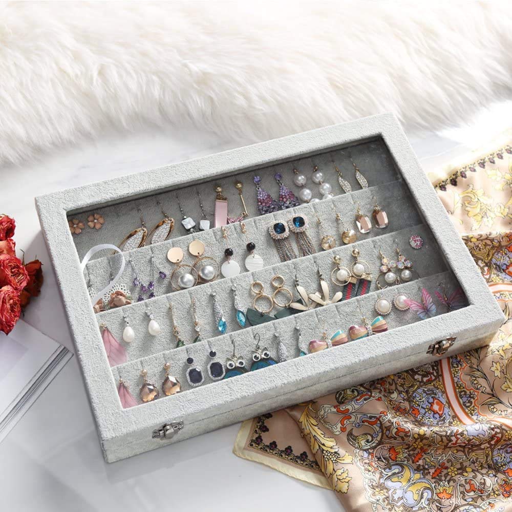 BIENSER Earrings Organiser, Velvet Clear Lid Earring Holder & 40 Pairs Earrings Storage Box, Jewellery Boxes Display Showcase Case Lockable, Dustproof, 13.14"(L) X 9.18"(W) Earrings Box