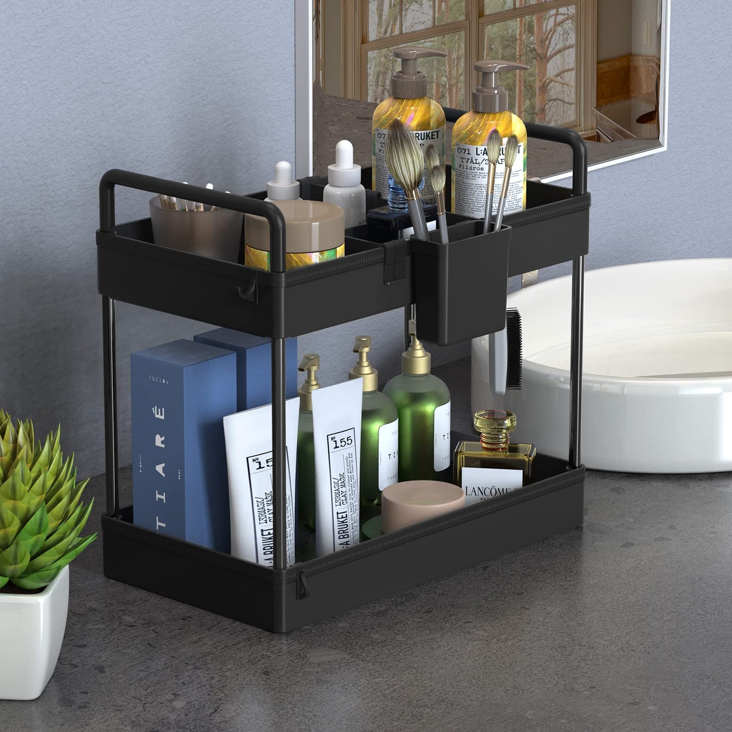 SOLEJAZZ 2-Tier Under Sink Storage, Bathroom Countertop Organizer, Standing Rack Cosmetic Holder, Bathroom Tray with Dividers, Storage Shelf Organizer for Makeup Cosmetic Perfume, 34x22x39cm, Black