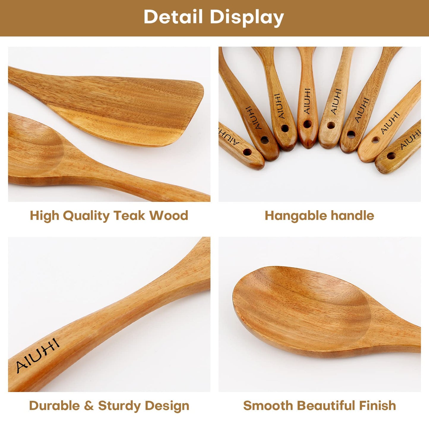 Wood Spoons for Cooking,Nonstick Kitchen Utensil Set,Wooden Spoons Cooking Utensil Set Non Scratch Natural Teak Wooden Utensils for Cooking(Teak 8 Pack) Teak 8 Pack