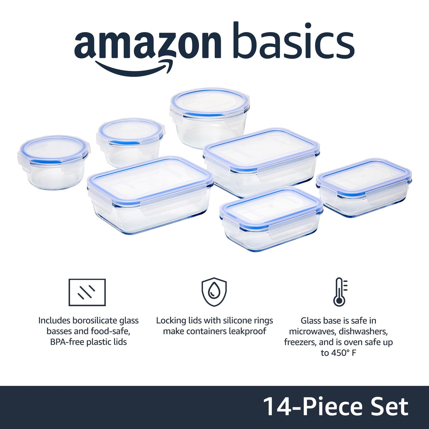 Amazon Basics Airtight Glass Food Storage Container Set with BPA-Free & Locking Plastic Lids, 14 Pieces (7 Containers + 7 Lids), Clear Single