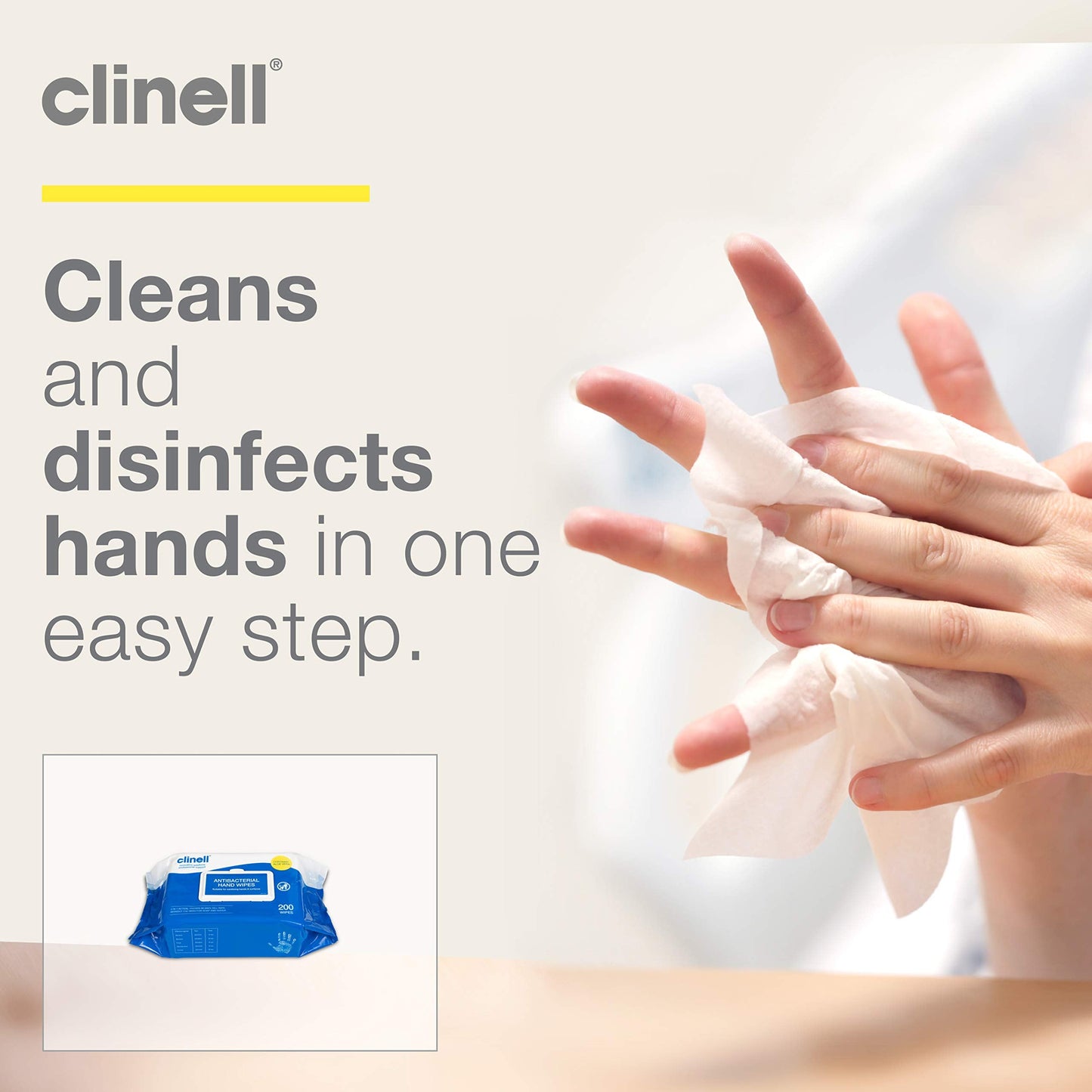 Clinell CAHW200 Antibacterial Hand Wipe Suitable for Hands and Surfaces, 1 Pack of 200 wipes ,15 x 10 x 12 centimeters Single