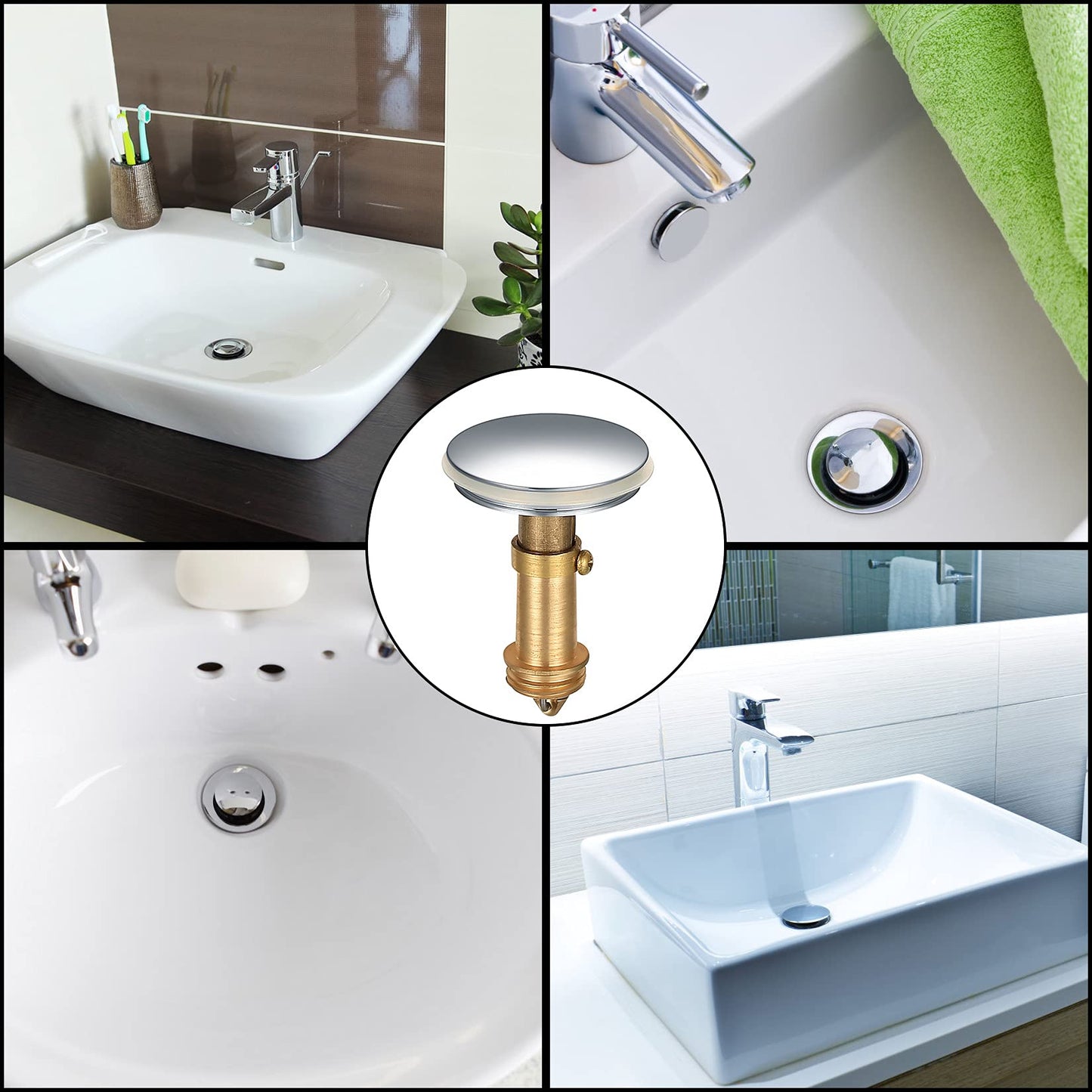 2Pcs Pop Up Sink Plugs, Bathroom Push Drain Stopper Plugs, 38mm Click Clack Plug Sprung Stopper, Basin Sink Button Plugs for Kitchen Bathroom Washbasin Bath, Solid Brass Chrome Plating 2