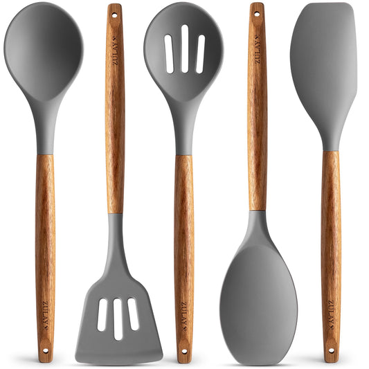 Premium 5 Piece Silicone Utensils Set with Authentic Acacia Hardwood Handles, All Purpose Silicone Spatulas Kitchen Set, Wood Cooking Utensils Set, Non-Stick Cookware by Zulay Kitchen Gray