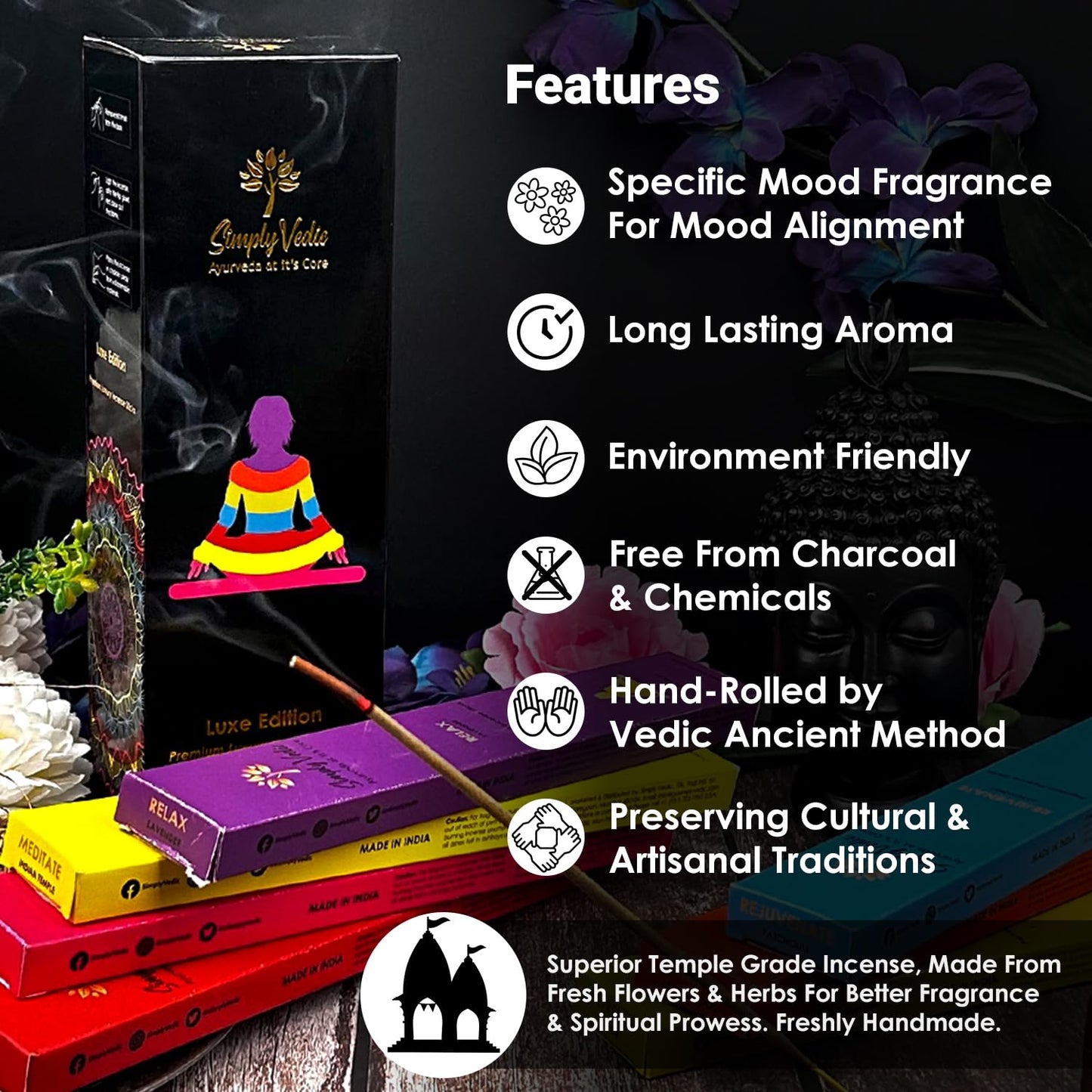 Simply Vedic Premium Luxe Series Incense Sticks | 7 Incenses (140 Sticks) - Lavender, Sandalwood, Jasmine, Patchouli, Rose, Vanilla and Indian Temple | with Incense Holder | Gift Set for Men & Women