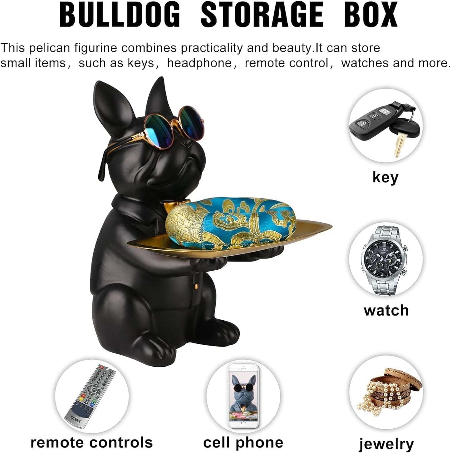 suruim Resin Bulldog Desk Storage Tray Statue Coin Piggy Bank Storage Animal Sculpture Table Decoration Multifunction Office Home Decor Coin Piggy Bank Storage (Black) Black