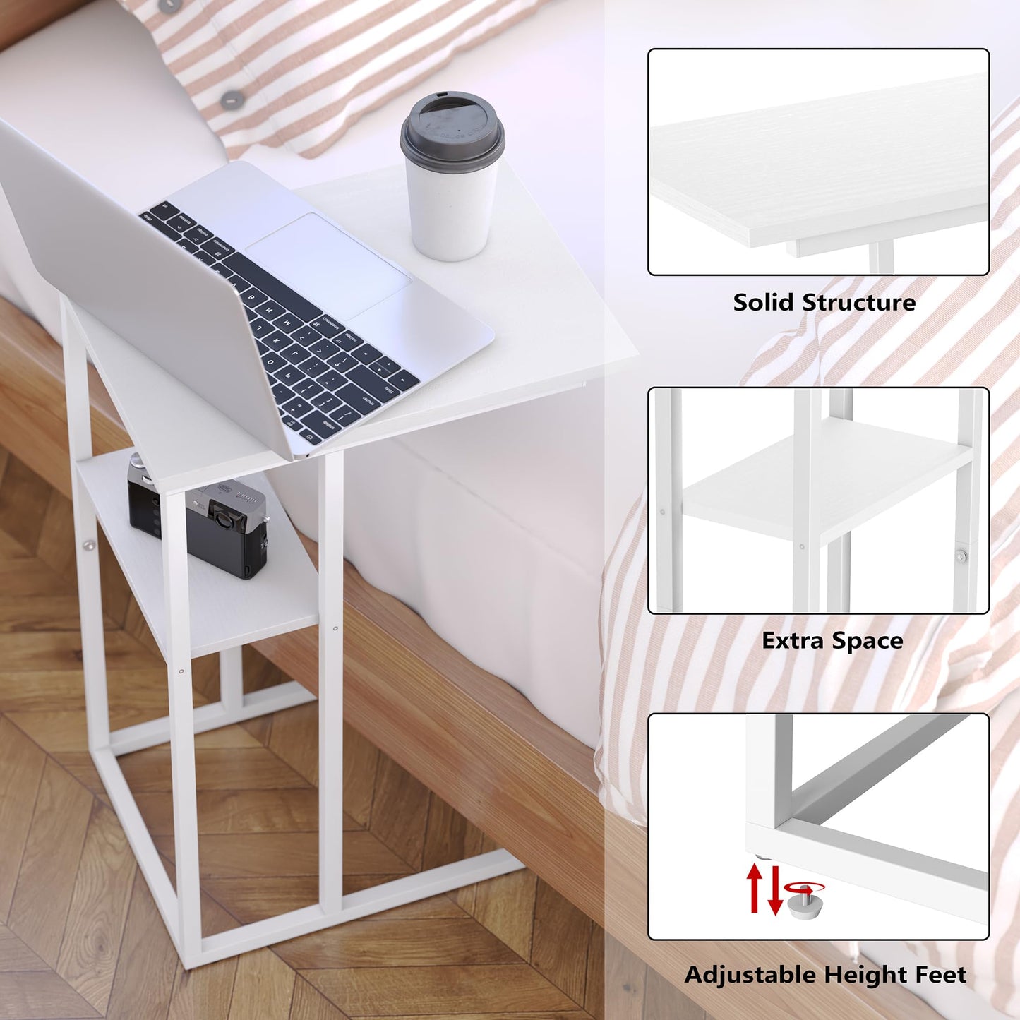 Yusong C Shaped End Table, Small Side Tables Slide Under Sofa Couch Bed, Small TV Tray Bedside Table for Small Spaces, Living Room, Bedroom, White 2 Tier