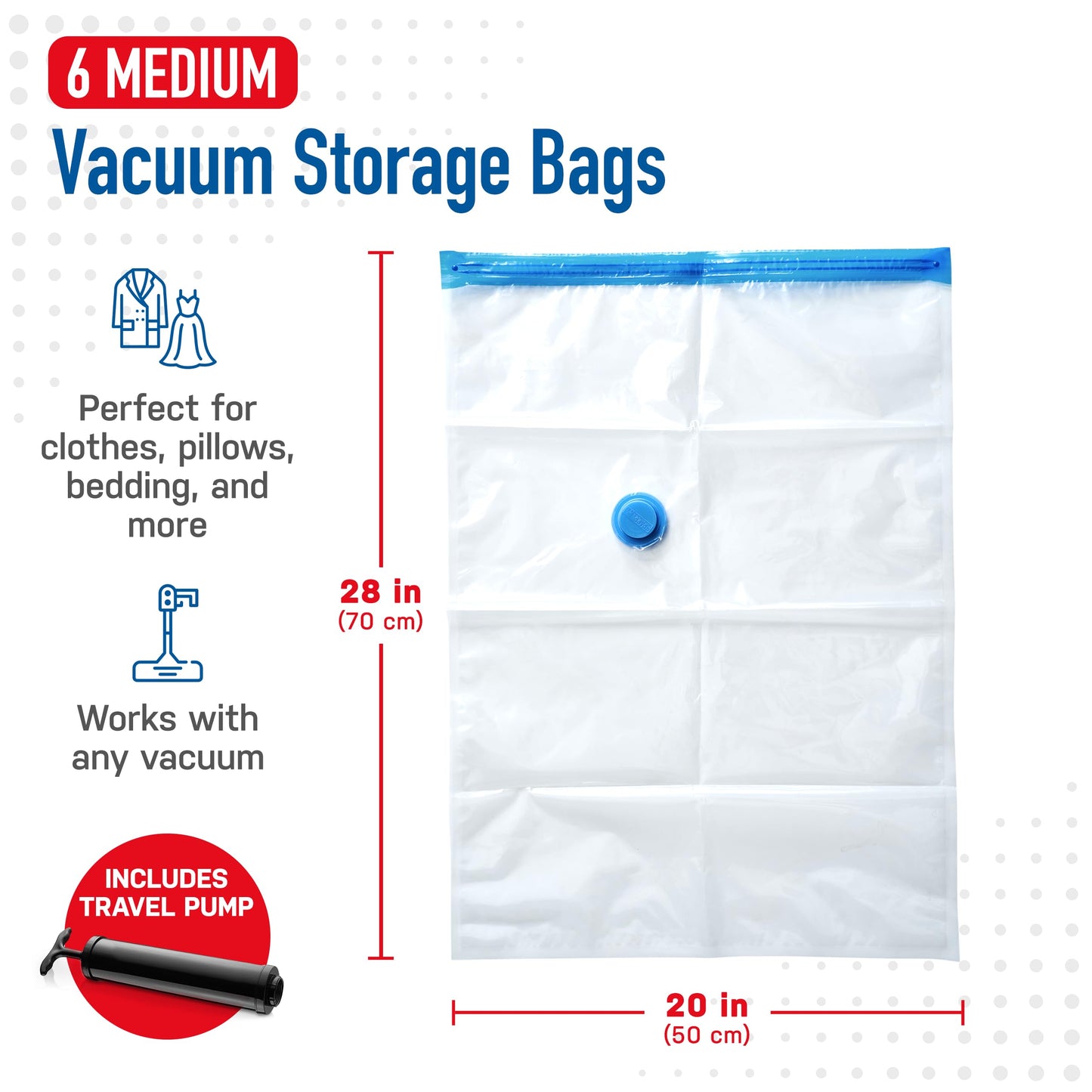 SpaceSaver Vacuum Storage Bags - Clothes Storage Bag Vacuum Pack - Space Saver Vacuum Storage Bags for Clothes Storage, Vacuum Bags for Bedding - Vacuum Bags for Clothes - with Pump (MEDIUM 6-Pack) Medium