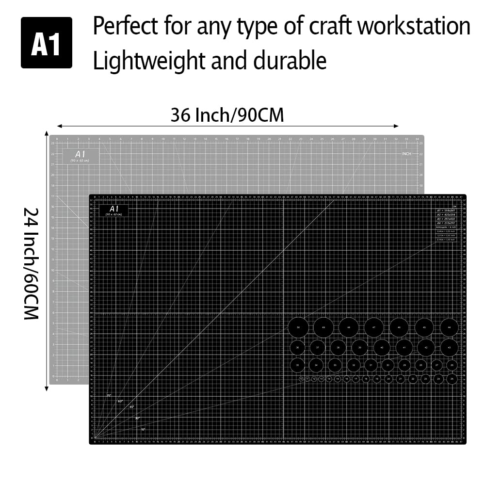 Headley Tools 24 x 36 Inch Thickened Self Healing Sewing Cutting Mat, A1 Rotary Cutting Sewing Mat for Crafts, Double Sided 5-Ply Table Cutting Board for Fabric Quilting Leather Arts Hobby, Grey/Black Black/Grey A1: 60×90 cm