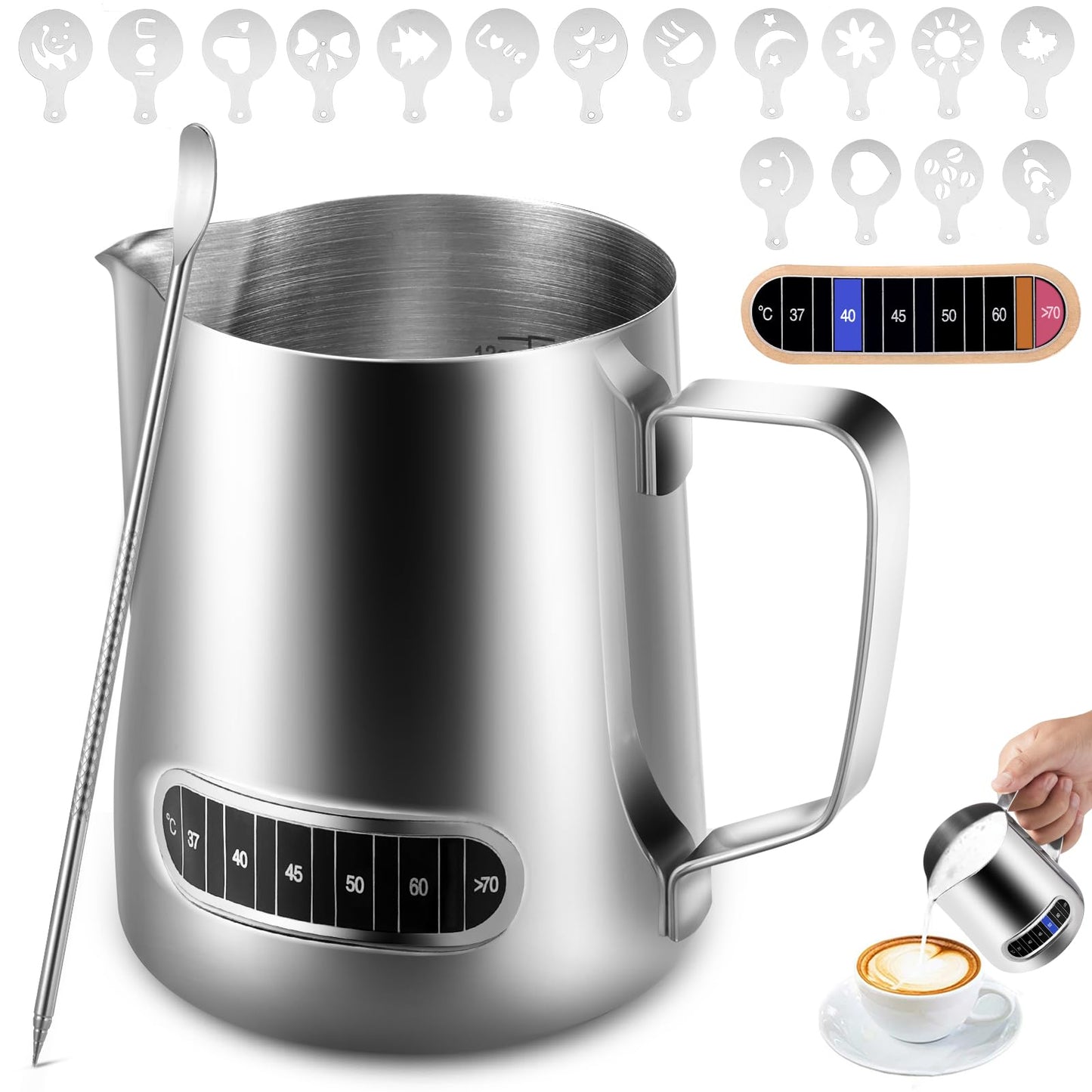 Anpro Milk Frothing Pitcher, 350ml/12oz 304 Stainless Steel Milk Pitcher with Thermometer, Latte Decorating Art Pen and 16Pcs Coffee Stencils, Metal Barista Accessories for Coffee, Latte & Cappuccino Silvery