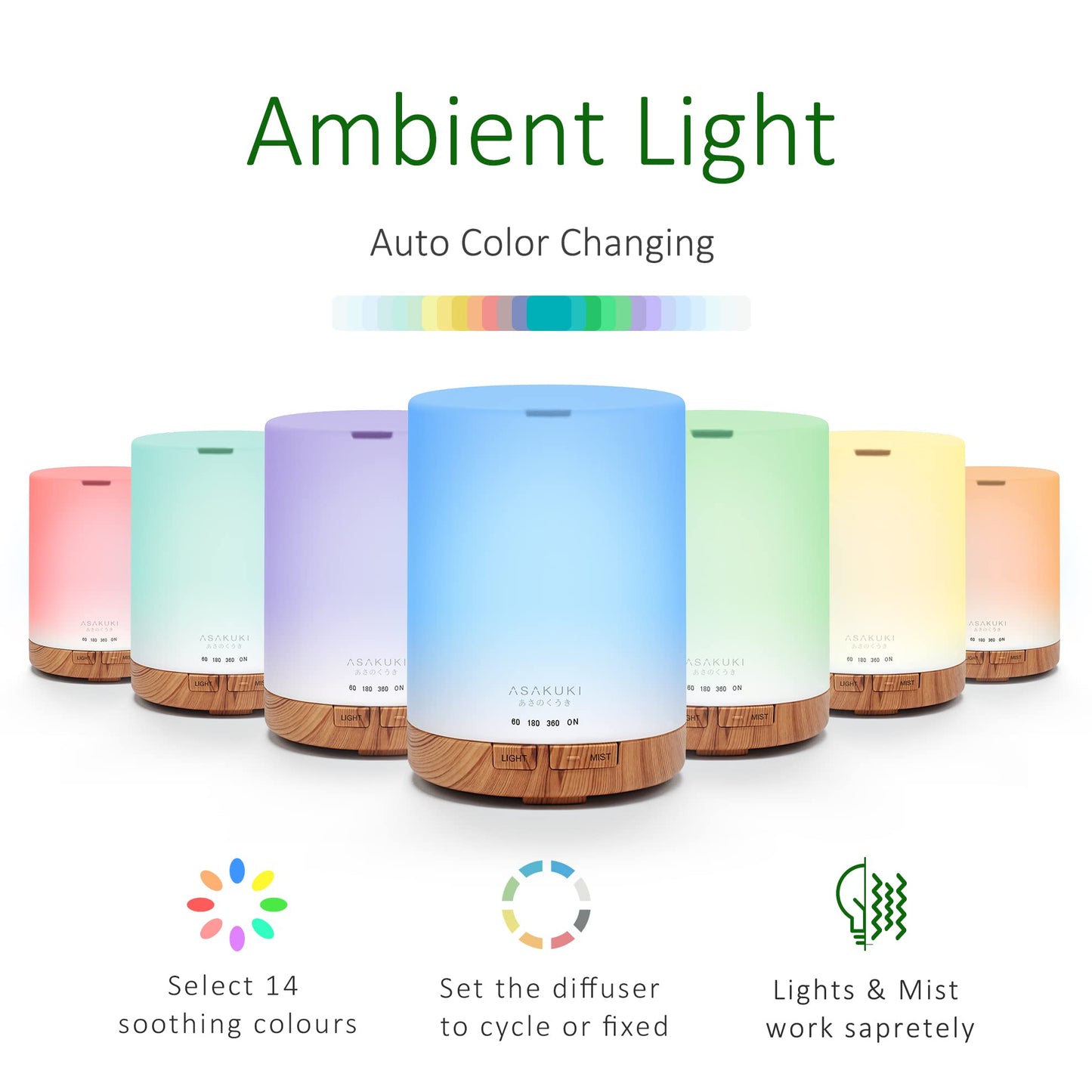 ASAKUKI 300ml Aroma Diffuser for Essential Oils with 6Pcs*10ml Pure Essential Oil Gift Set, Cool Mist Essential Oil Diffuser with 4 Timer Setting, 15 Color Lights, Auto Shut Off Z-yellow Wood With Oil