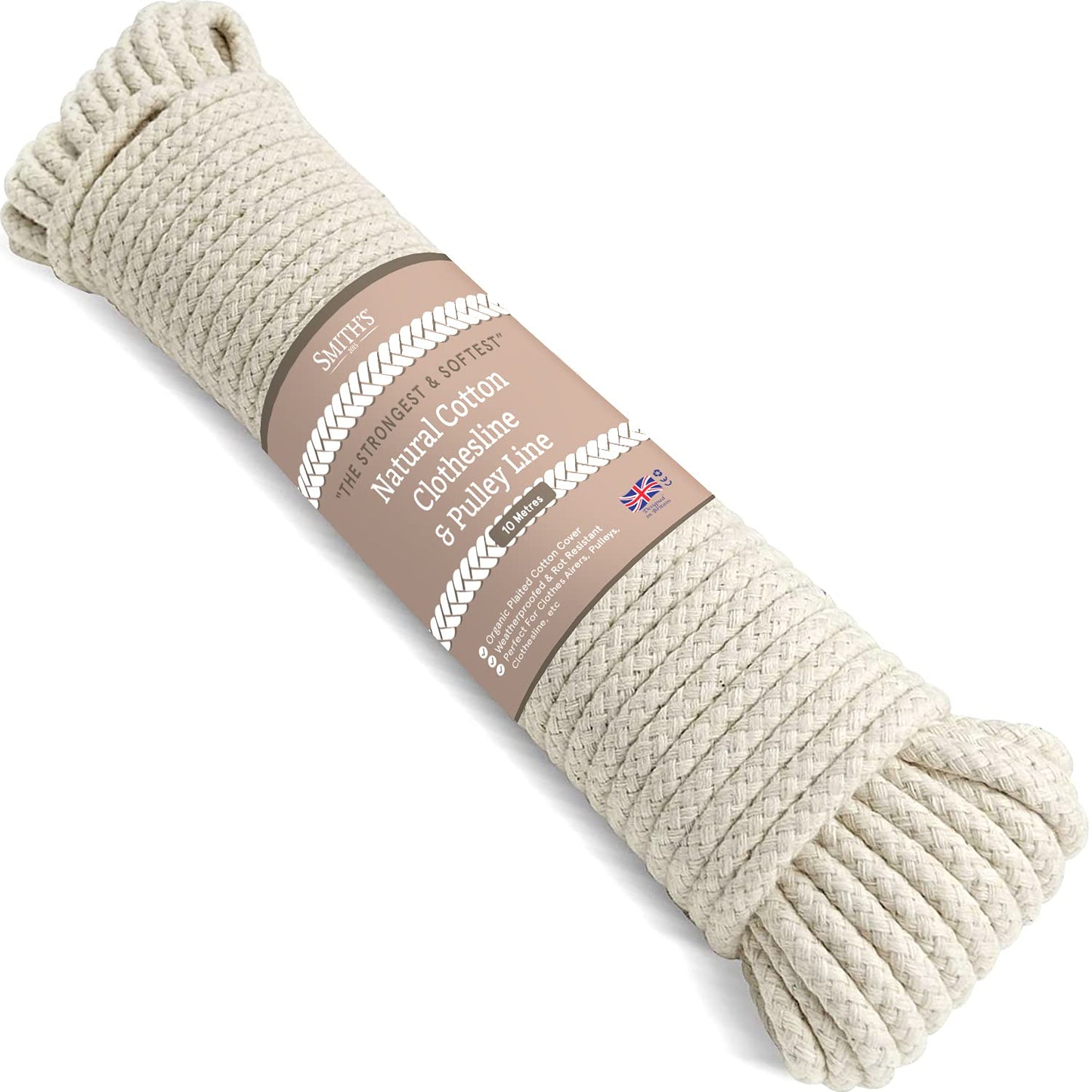 “The Strongest” Natural Cotton Clothesline Pulley by Smith’s® | 10m/33ft X 5.5mm | Soft Braided 130kgs Pulling Force Rope | Snag & Tear Resistant | 1 Year Guarantee! 10m (33ft)