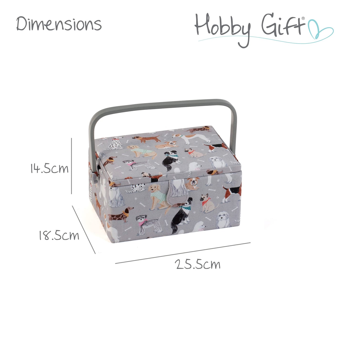 Hobby Gift Exclusive Medium Sewing Craft Hobby Storage Box, Accessories Tray Pin Cushion Pocket PVC Handle 18.5 x 25.5 x 14.5cm, Grey Dogs