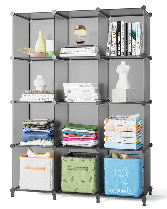 FUNLAX Cube Bookshelf, 12 Cube Storage Unit Bookcase Portable Shelf Plastic Cube Storage Shelving for Clothes Books Toys Yarn Shoes XL Gray