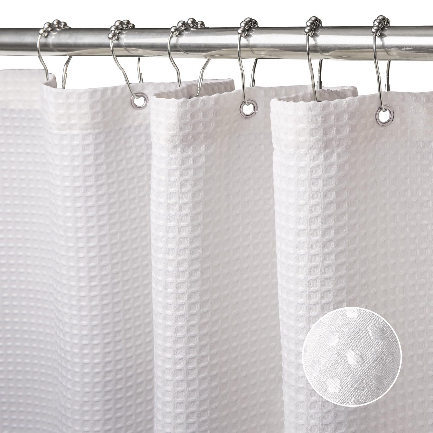 VANZAVANZU Shower Curtain for Bathroom with Metal Hooks Waffle Fabric Shower Curtain Heavy Duty Bath Curtain for Wet Room Bathtub Shower Stall, Weighted Hem, Water Resistant - 182 x 182cm (White) Waffle - White 182 x 182cm (WxH)