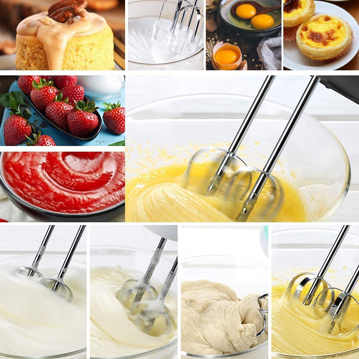 Hand Mixer, Electric Cake Whisk Food Mixer for Baking Self-Control/Turbo Boost + 4 Stainless Steel Accessory Food Beater for Cake Bread Size 2