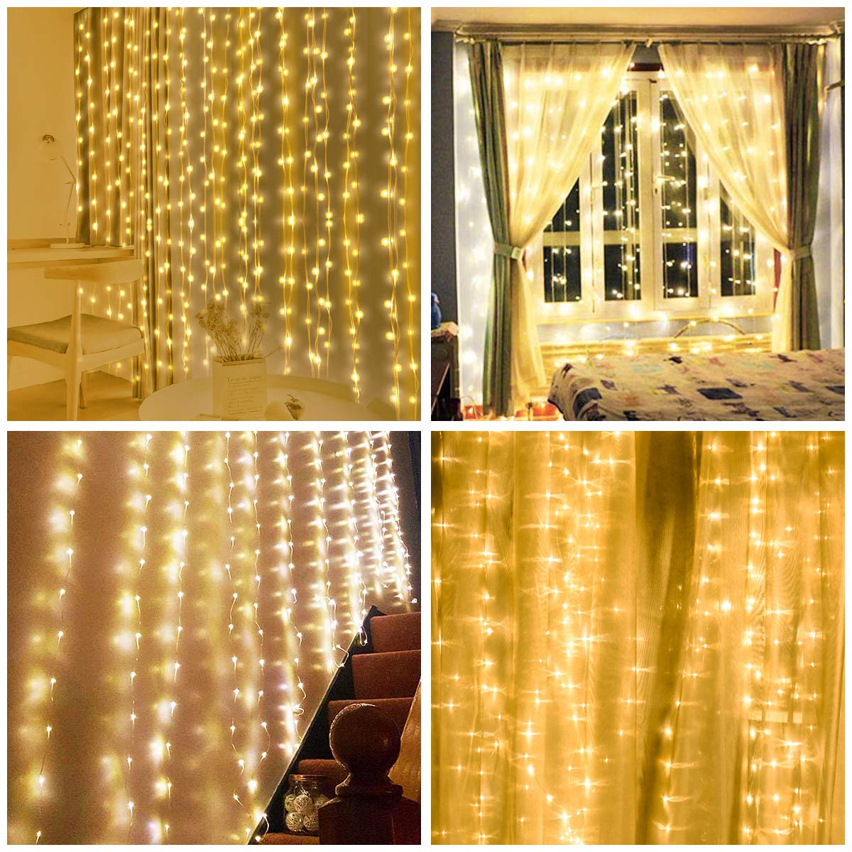 Vicloon Curtain Fairy Lights, LED Curtain Lights, Waterproof Window String Lights with Remote Control Timer for Outdoor Indoor Party Bedroom Decoration 2 in 1-Warm White