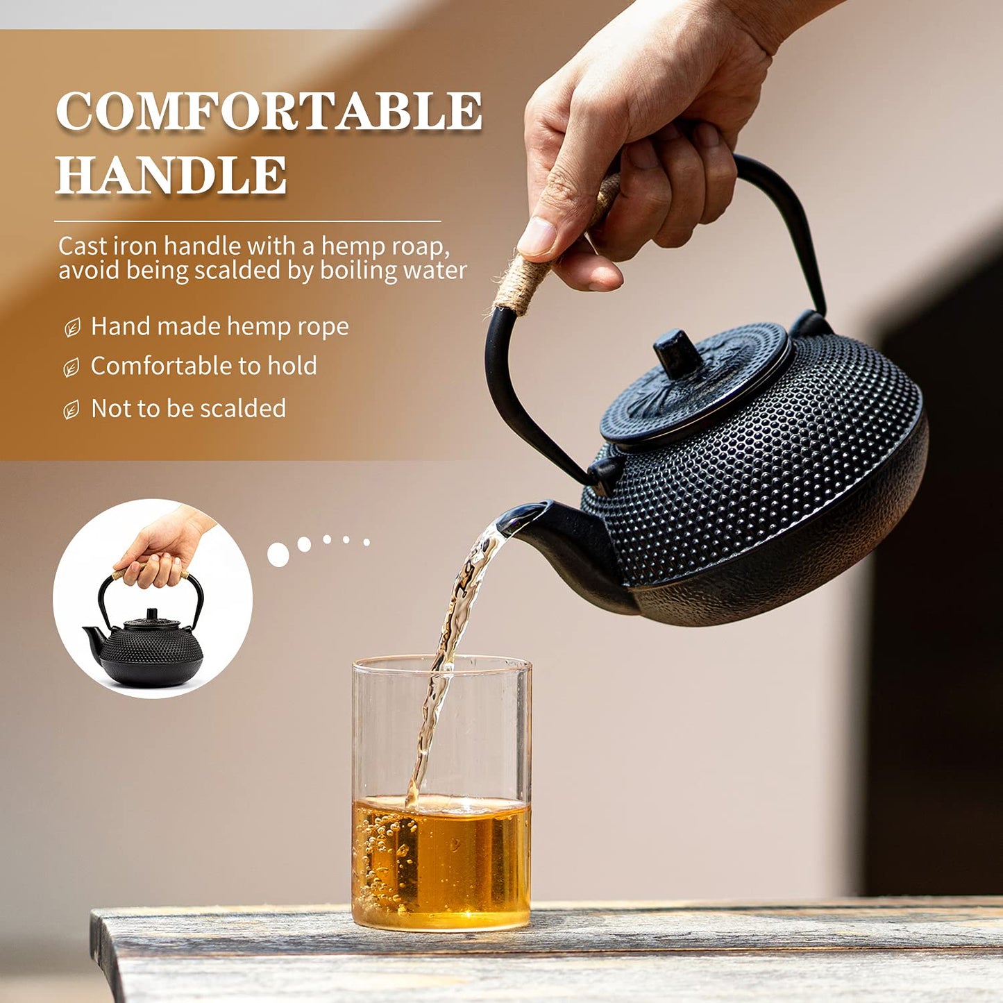 SUSTEAS Teapot Japanese Tetsubin Cast Iron Tea Kettle with Stainless Steel Infuser Black 900ml