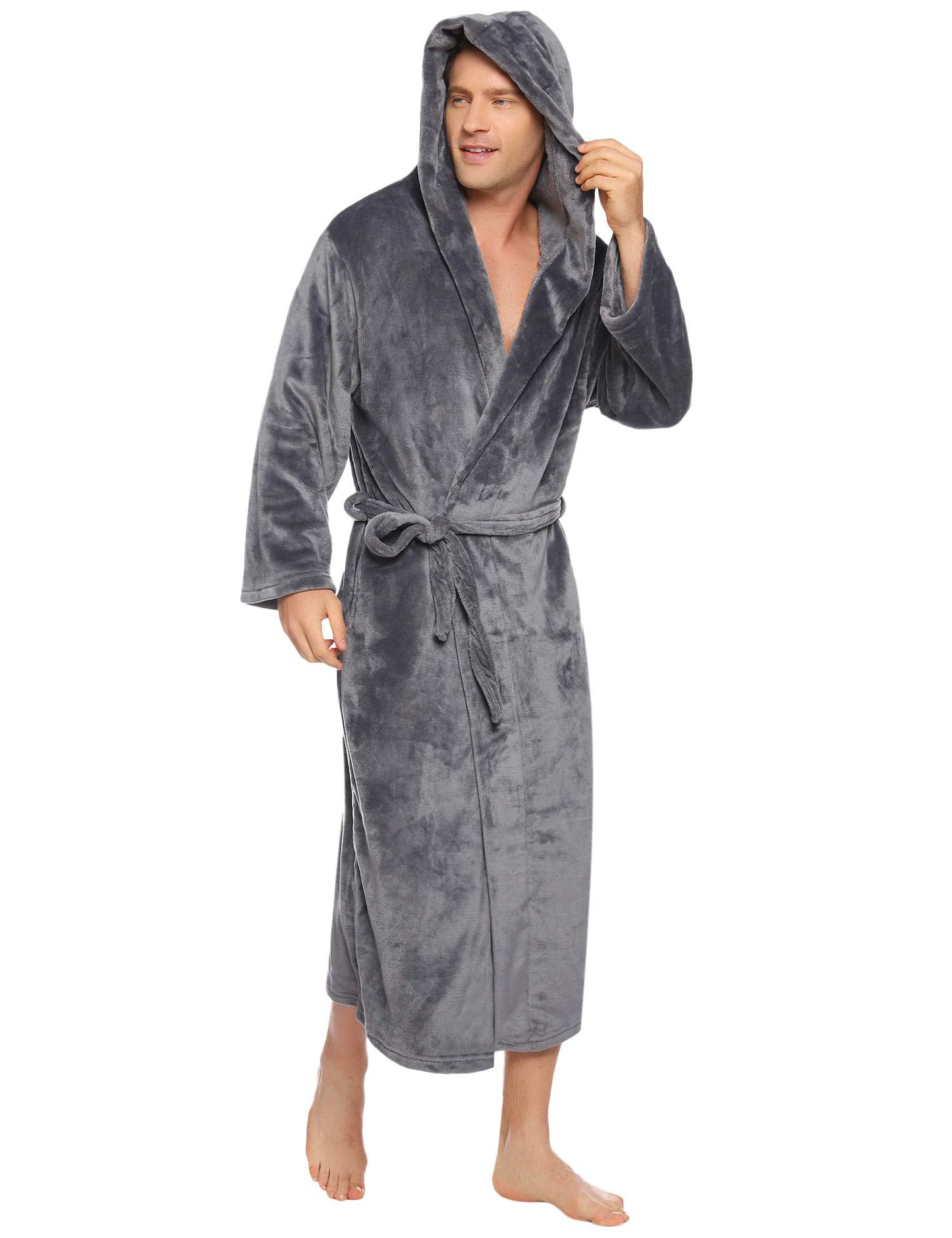 Vlazom Men Dressing Gown, Hooded Warm Robes Flannel Soft Bathrobe Fluffy Housecoat for Winter Dark Grey 3XL