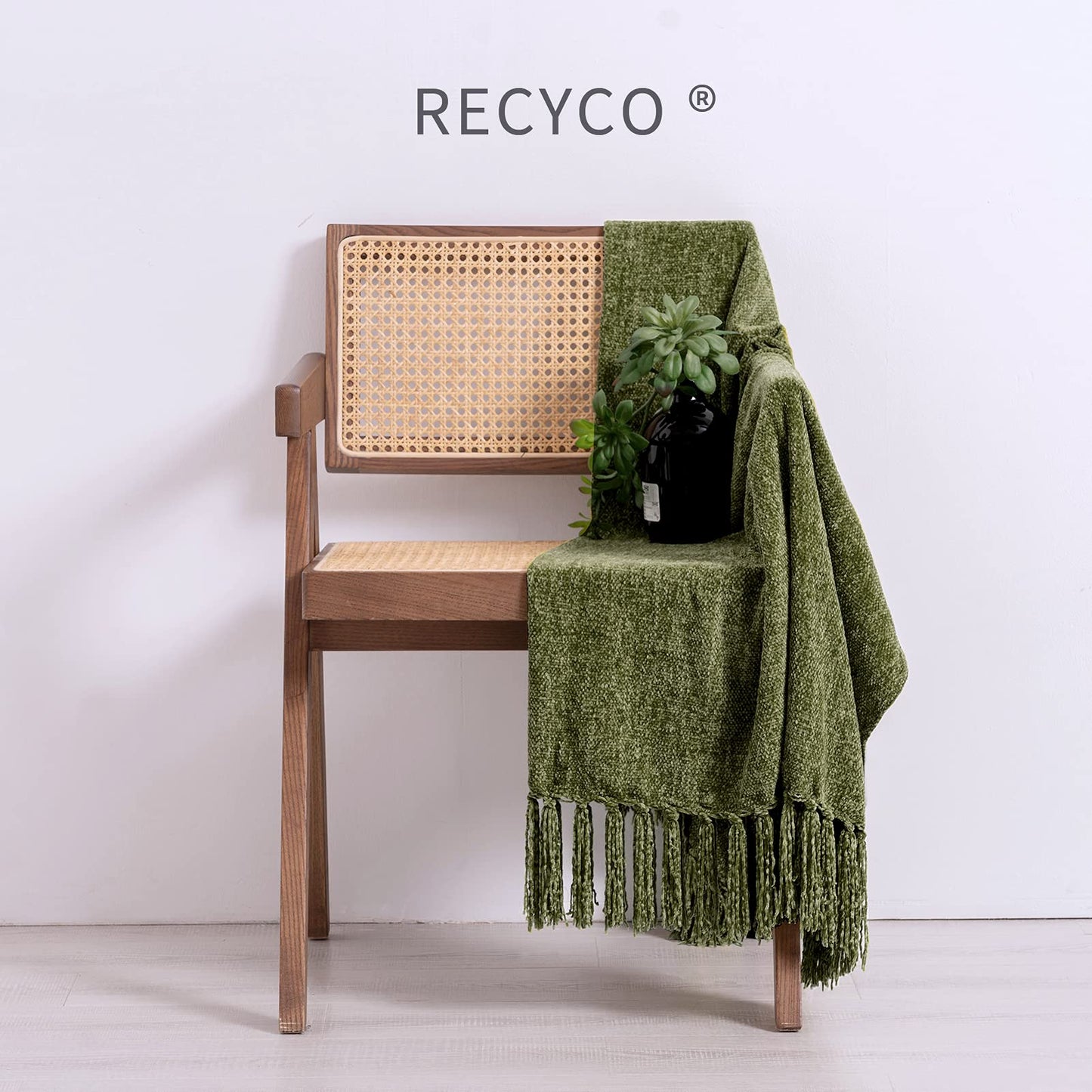 RECYCO Chenille Throw Blanket with Tassels Soft Cozy Sofa Chair Bed Gift, 203x152cm, Olive Green