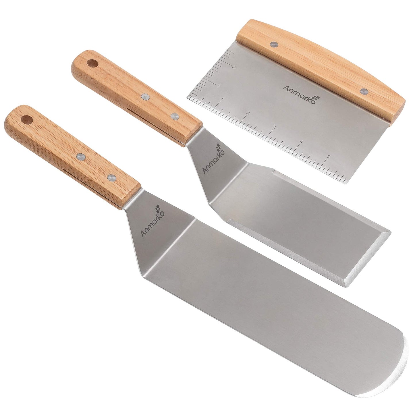 Professional Griddle Spatula Set - Stainless Steel Metal Spatula and Griddle Scraper - Heavy Spatula Griddle Accessories Great for Cast Iron Griddle BBQ Flat Top Grill - Commercial Grade Wooden Handle Set