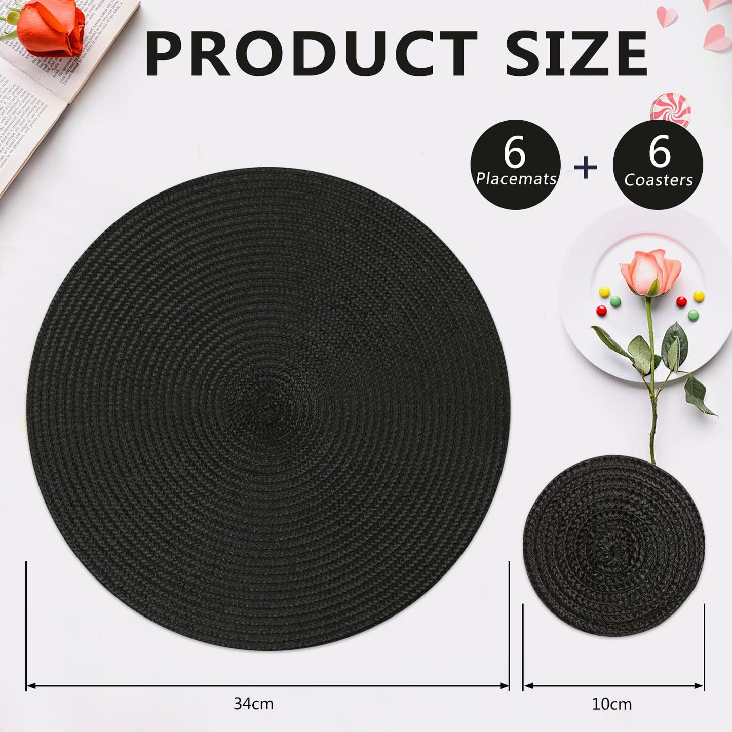 Homcomodar Round Table Place Mats with Coasters Set of 8 Black Heat Resistant Placemats Set Round Woven Table Mats for Dining/Kitchen Tables set of 8 placemats and coasters B-01-black