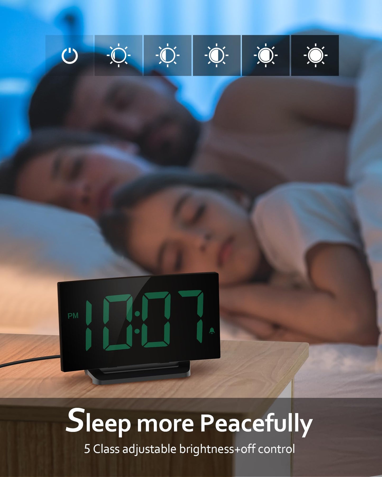 GOLOZA Digital Alarm Clock for Bedrooms, with Modern Curved Design, Conspicuous Green LED Numbers, 6 Levels Brightness, 2 Volume, 3 Tones, Snooze, Power-Off Memory, 12/24H, Bedside 3#green Digit