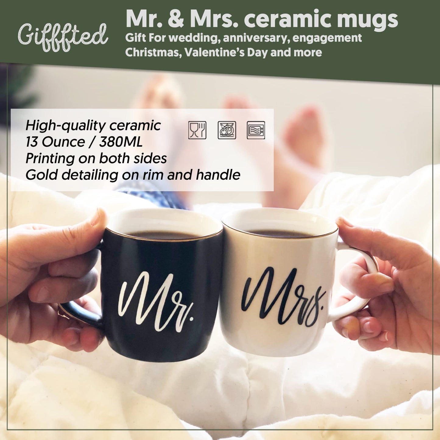 Triple Gifffted Mr and Mrs Coffee Mugs - Engagement Gifts for Couples, Wedding Anniversary, Newlyweds, Bride & Groom, Christmas, Valentines for Parents, His & Hers, Ceramic Cup, 380ML