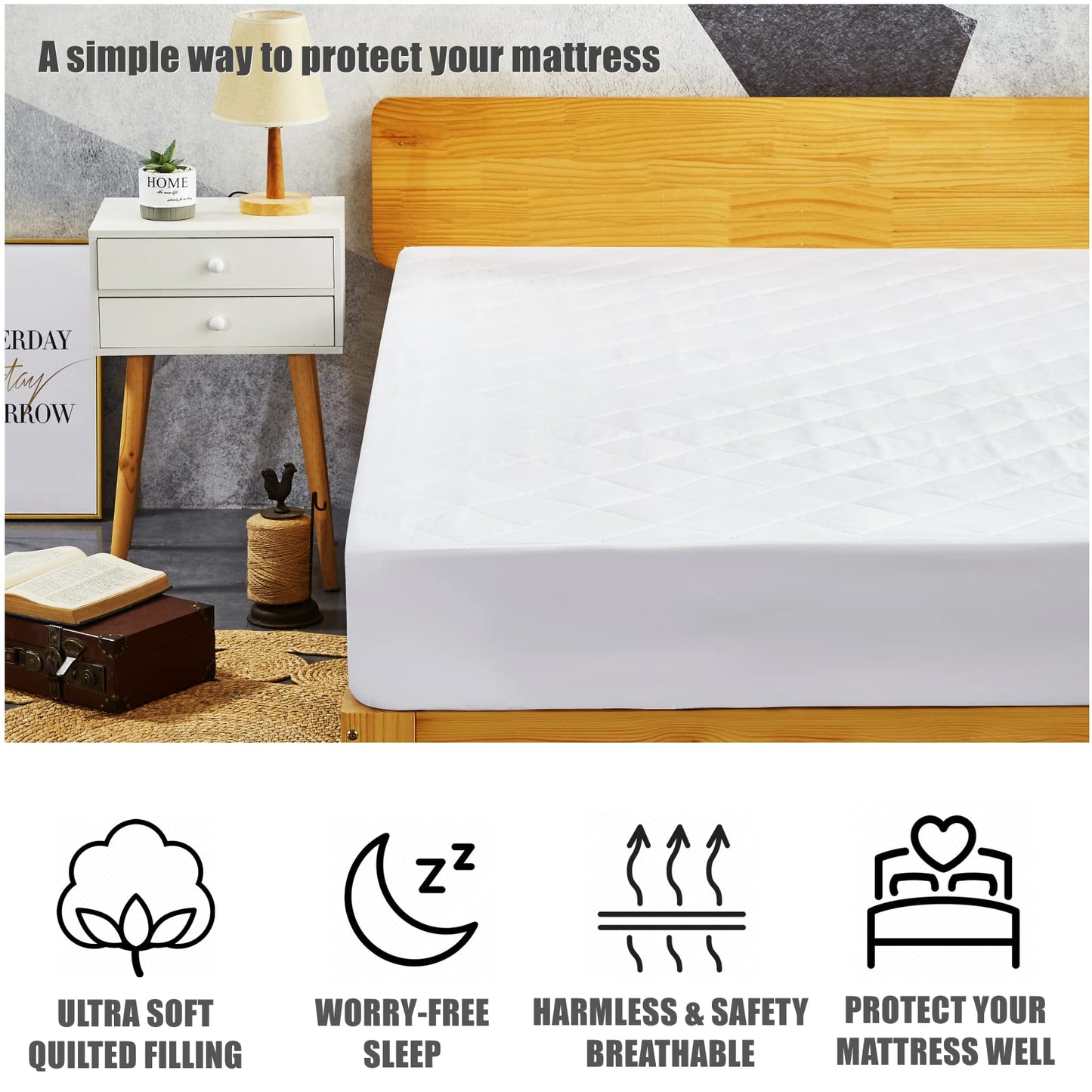 UYEESE King Size Mattress Protector - Quilted Extra Deep Pocket Mattress Cover, Breathable Hypoallergenic and Noiseless Mattress Pad Fitted Bed Sheet (King 152 x 203 + 40 cm) White