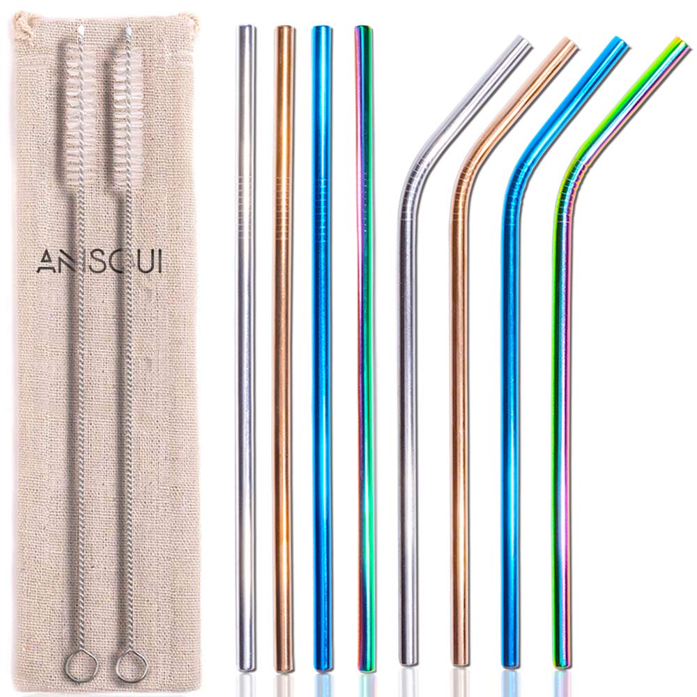 AniSqui Set of 8 Reusable Metal Straws and Cleaner, 8.5'' Coloured Stainless Steel Straws Reusable, (4 Straight + 4 Bent + 2 Brushes Reusable Straws Drinking)