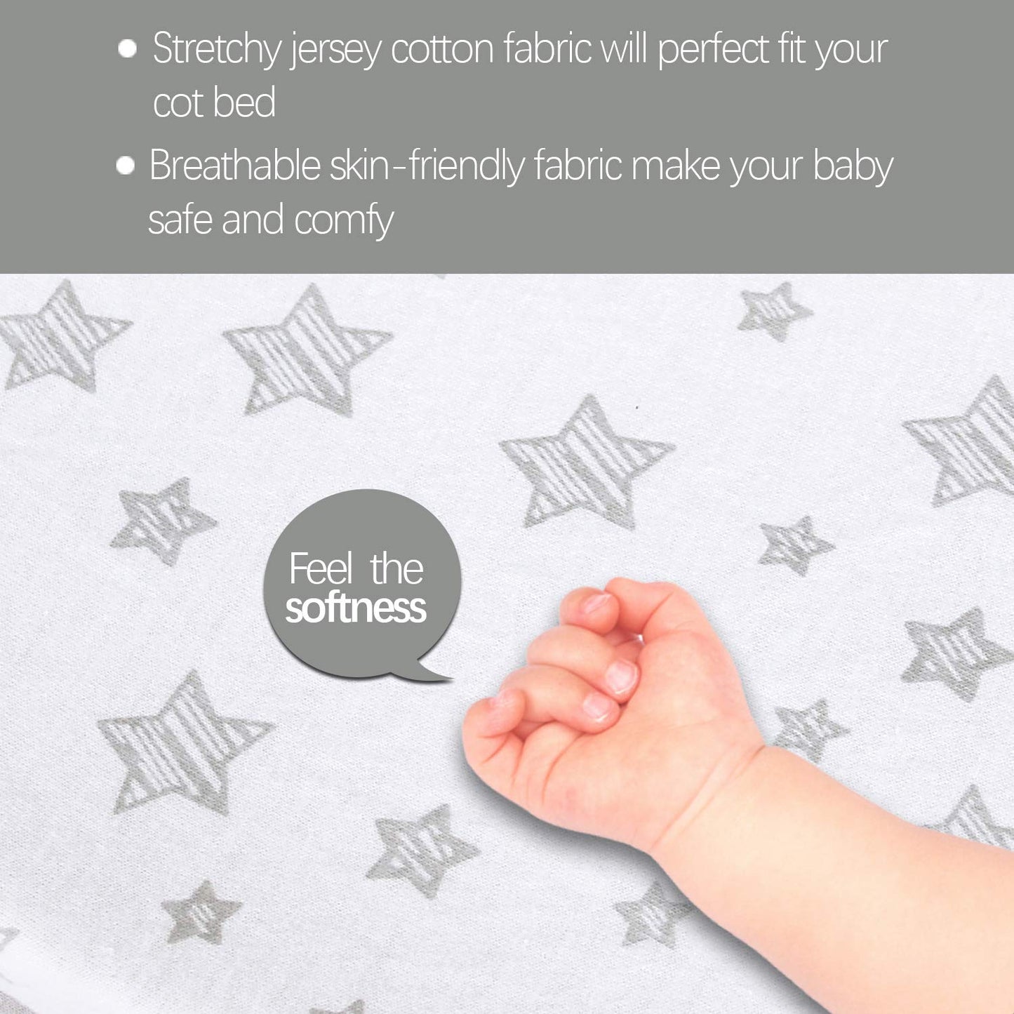 Cot Bed Fitted Sheets(140x70cm) 2 Pack, 100% Cotton Jersey Sheets for Standard Cot Mattress, Ultra Soft and Breathable Toddler & Baby Bed Sheets, White & Grey Print 140x70cm(Pack of 2)