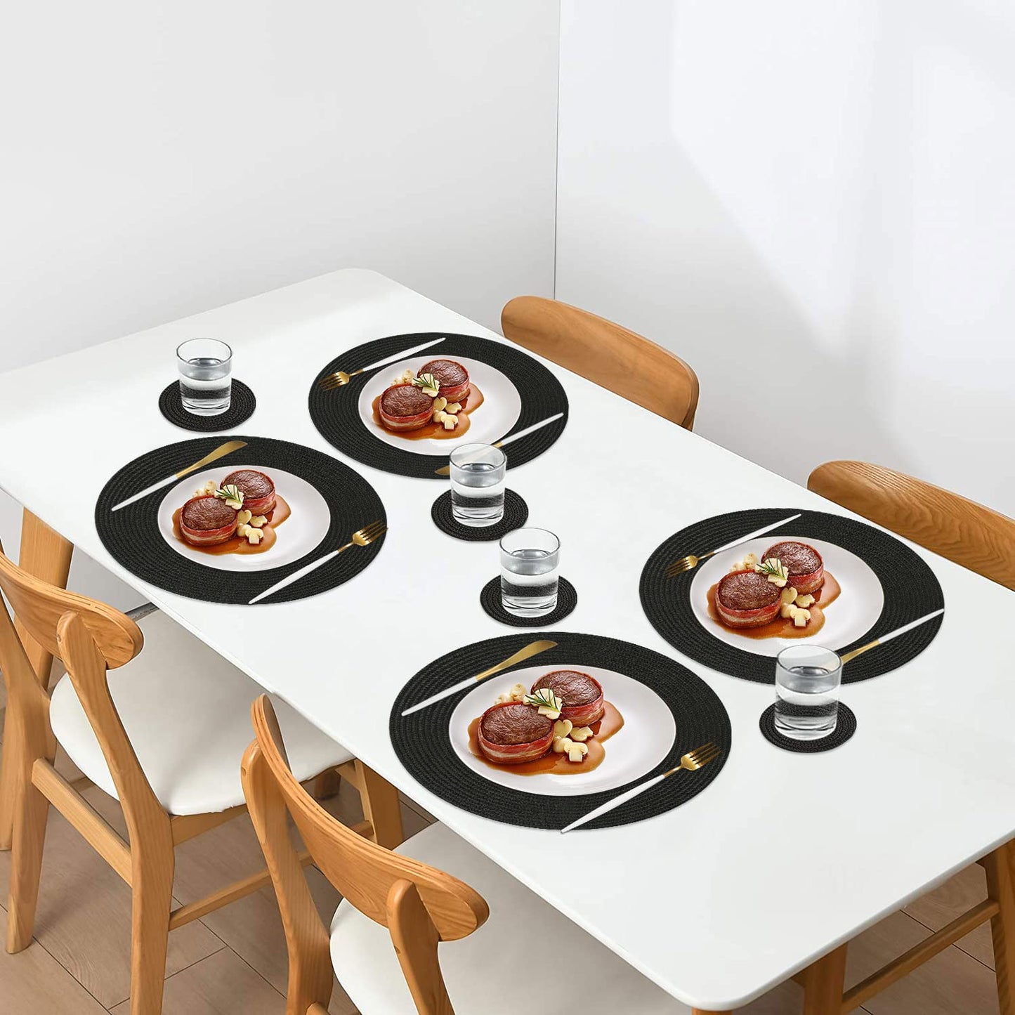 Homcomodar Round Table Place Mats with Coasters Set of 8 Black Heat Resistant Placemats Set Round Woven Table Mats for Dining/Kitchen Tables set of 8 placemats and coasters B-01-black