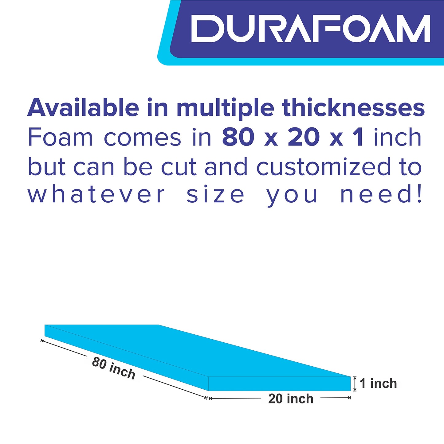 DURAFOAM High Density Blue Firm Foam Sheet For Upholstery, Cushions, Sofa, Beds, Seats, Campervans, Indoor/Outdoor Padding, DIY - DF190B - 80 x 20 x 1 inch (200 x 50 x 2.5cm) 80 x 20" (200 x 50cm) 1" (~2.5 cm) Thick