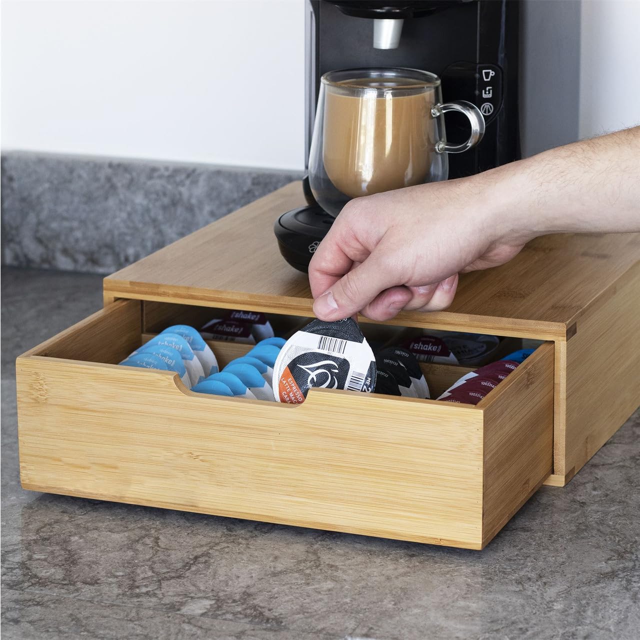 Bamboo 64 Coffee Pod Drawer | Tassimo Pod Compatible | Coffee Machine Stand | Pod Drawer Dispenser | Wooden Kitchen Storage for Coffee & Tea | M&W