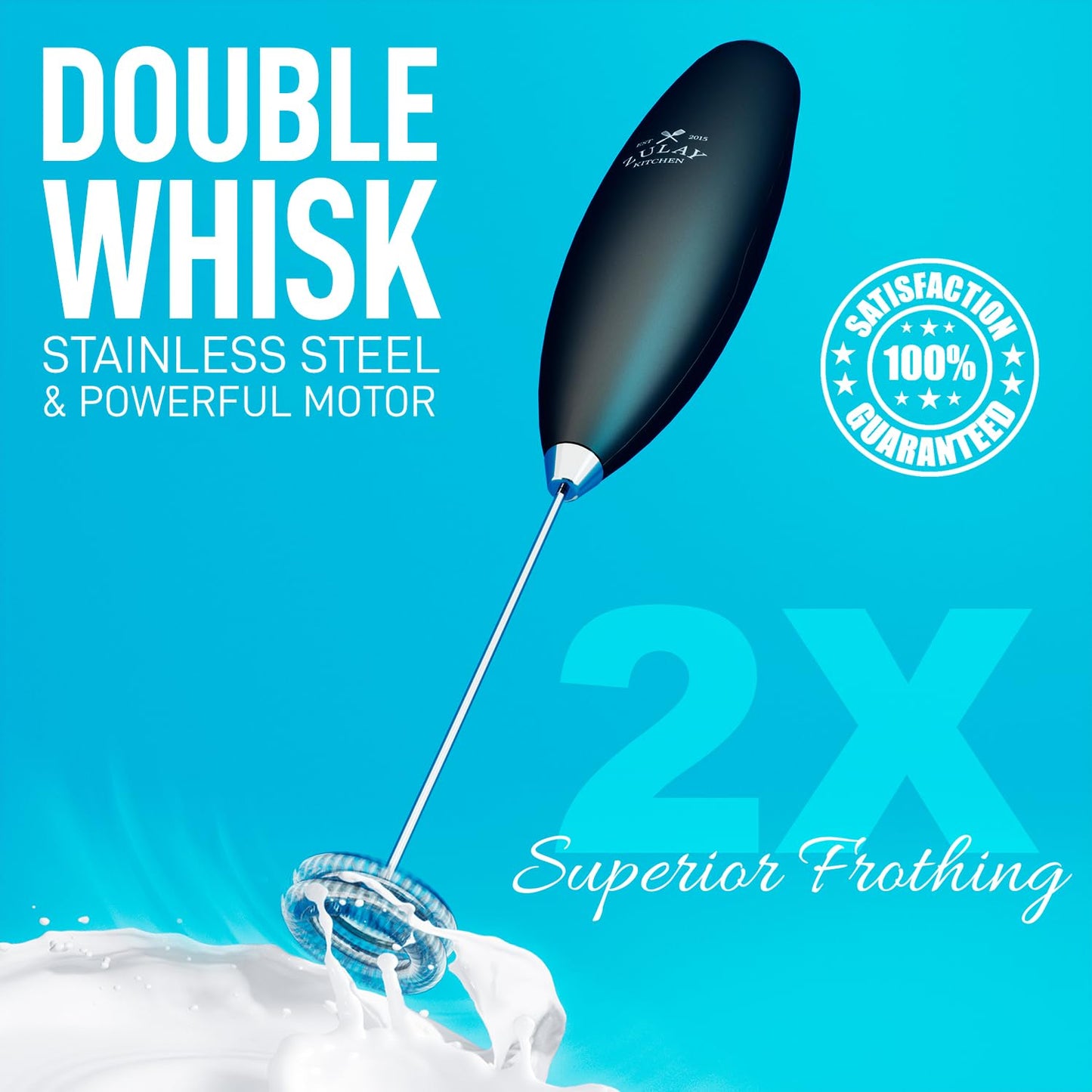 Zulay Double Whisk Milk Frother Handheld Mixer - High Powered Frother For Coffee With Improved Motor - Milk Frother Electric Whisk Drink Mixer For Cappuccino, Frappe, Matcha & More, Twin Whisk - Black 12,500 RPM