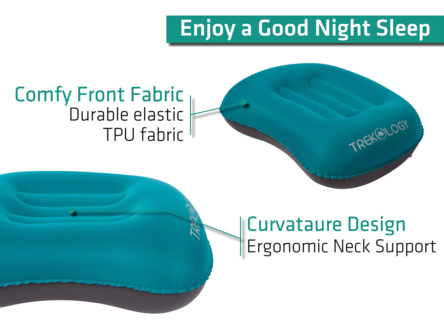 TREKOLOGY Ultralight Inflating Travel/Camping Pillows - Compressible, Compact, Inflatable, Comfortable, Ergonomic Pillow for Neck & Lumbar Support and a Good Night Sleep While Camp, Backpacking Blue - New Design