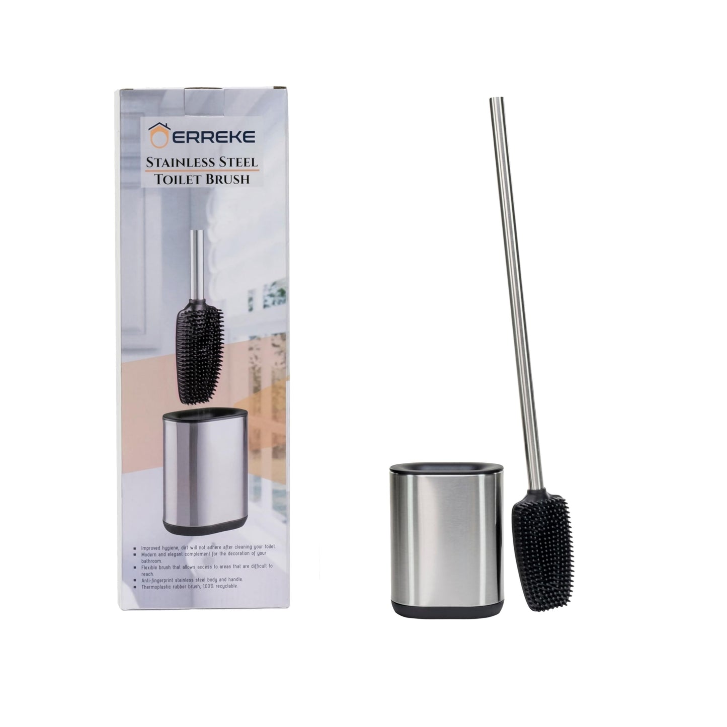 Erreke Stainless Steel Toilet Brush with Holder, Flexible Silicone, Modern and Elegant, Improved Hygiene, Anti-Fingerprint (Silver) Silver