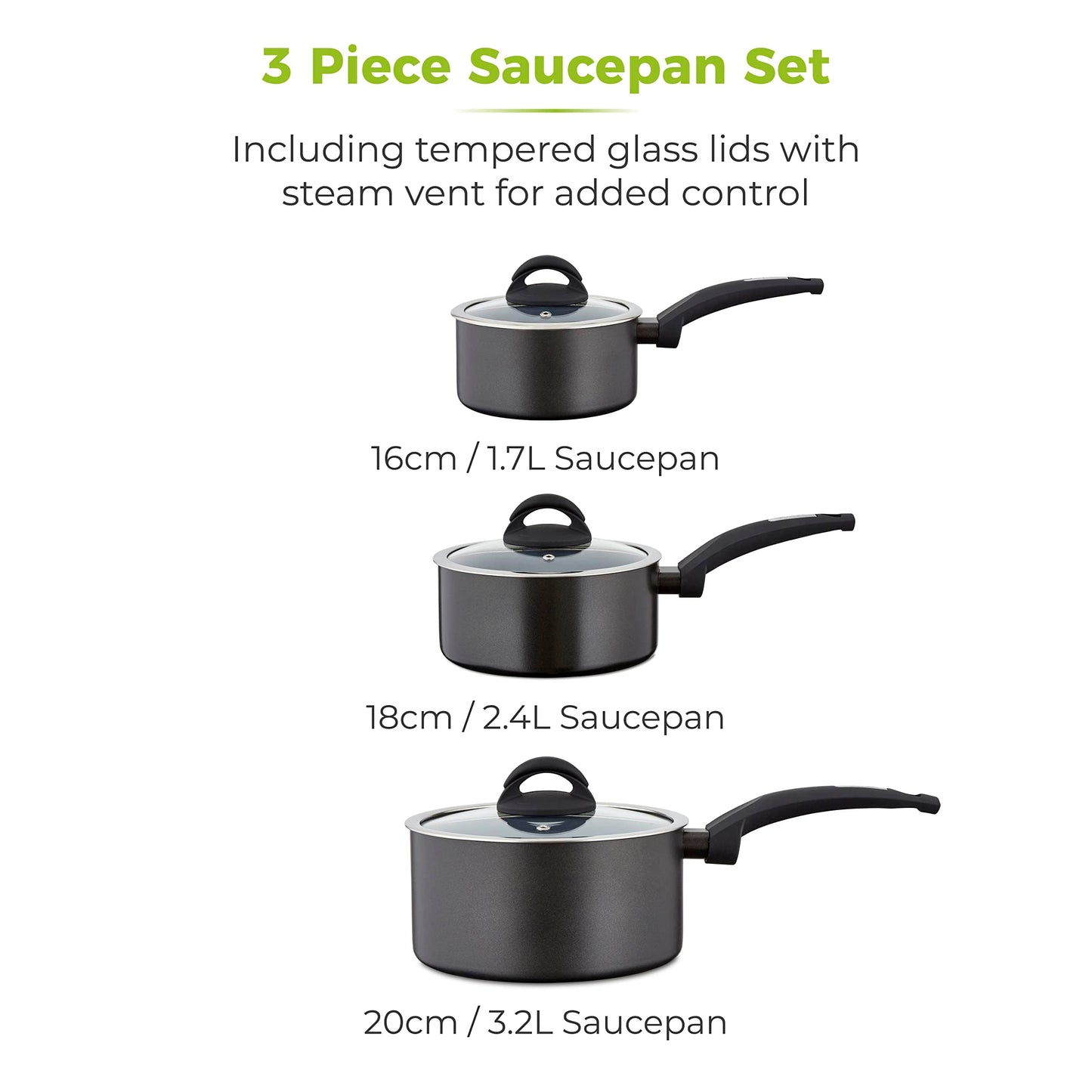 Tower T80302 Cerasure 3 Piece Saucepan Set with Non-Stick Coating, Suitable for All Hob Types Including Induction, 16/18/20cm, Graphite 3 Piece Set