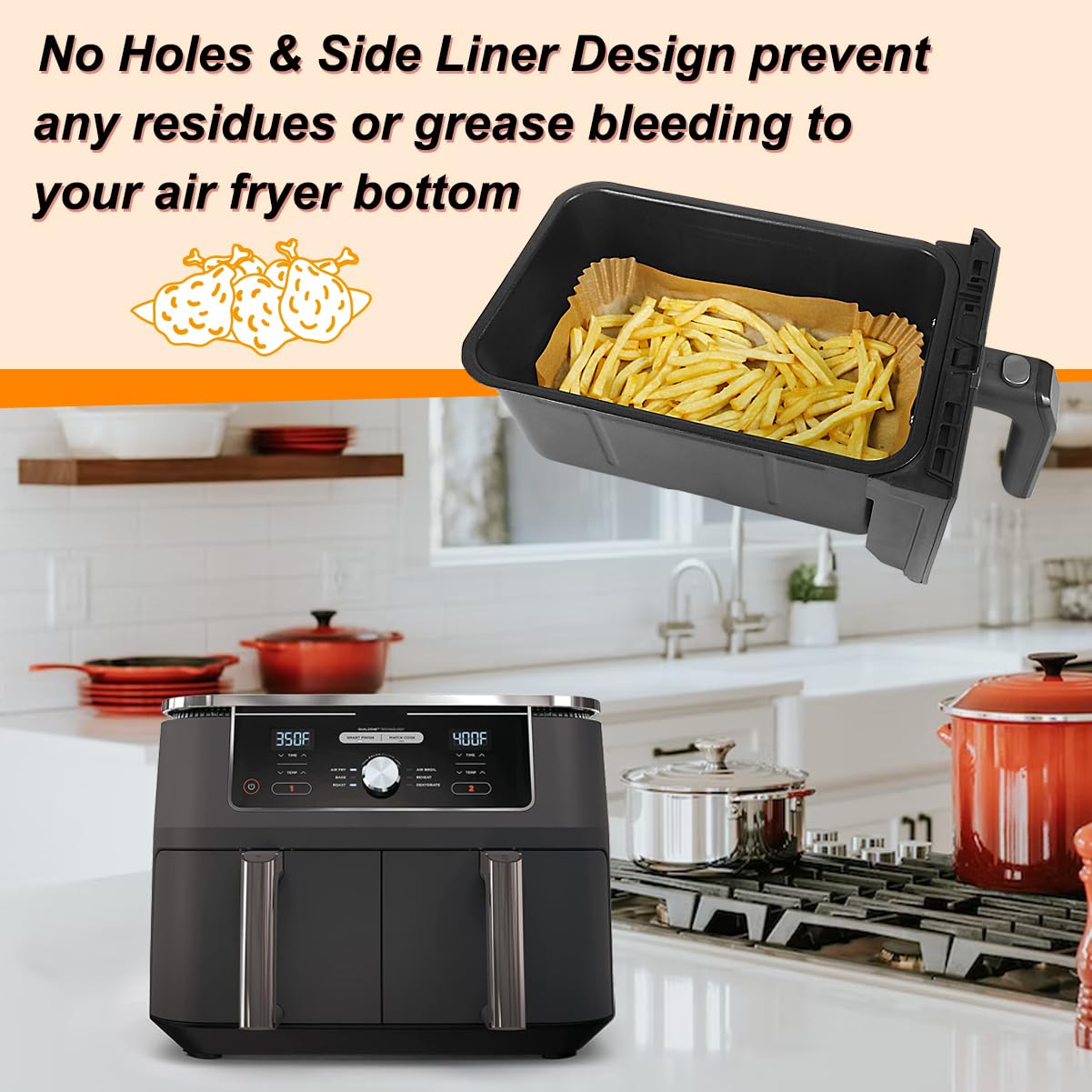 BYKITCHEN 200 PCS Air Fryer Liners for Tower 9L / Ninja Foodi Max Dual 9.5L/Instant Vortex/Salter, Air Fryer Accessories for AF300UK 7.6L/AF400UK/AF451UK/AF500UK/EMtronics & Other 2 Drawer Air Fryer 200PCS-20.5cm*13.5cm