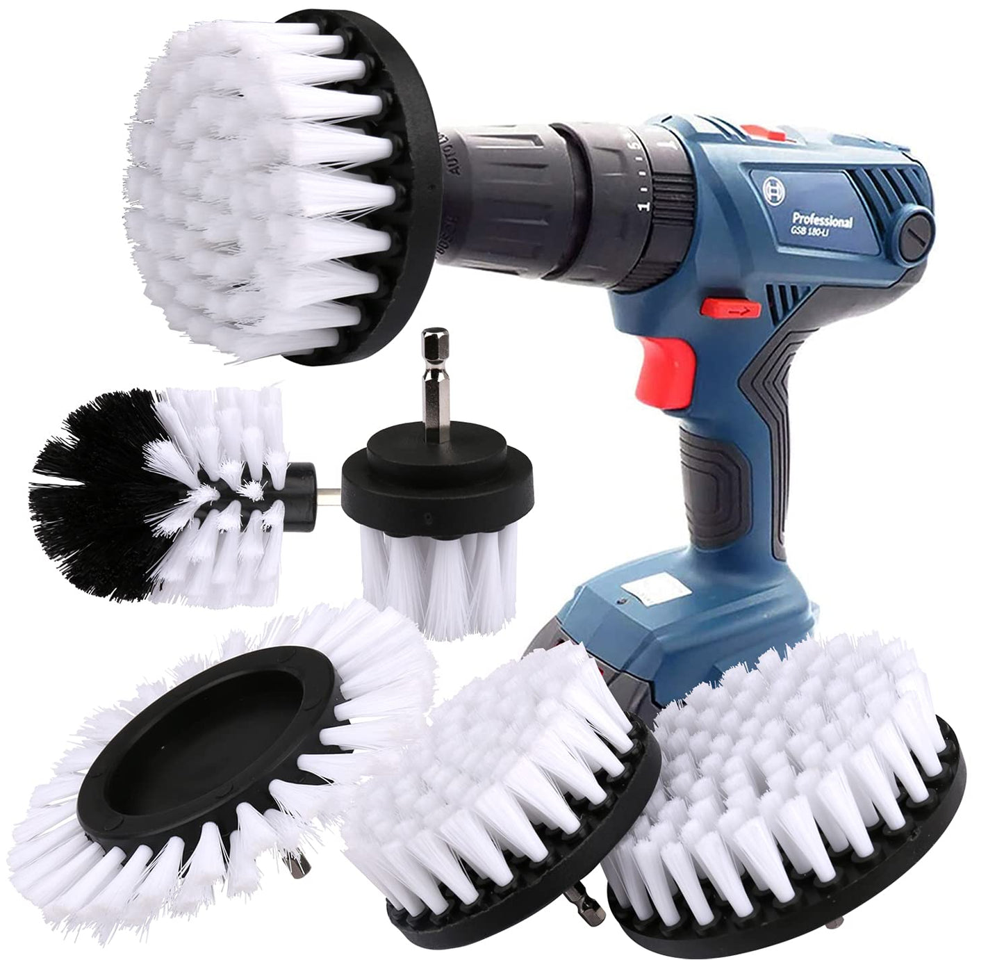 Brush Attachment Drill Set 5 Pieces Drill Brushes Attachment Cleaning Brush Rim Brush Scrubber Cleaning Brush Kit for Rims, Bathtub, Tiles, Kitchen, Car, Sofa Corners & Grill White