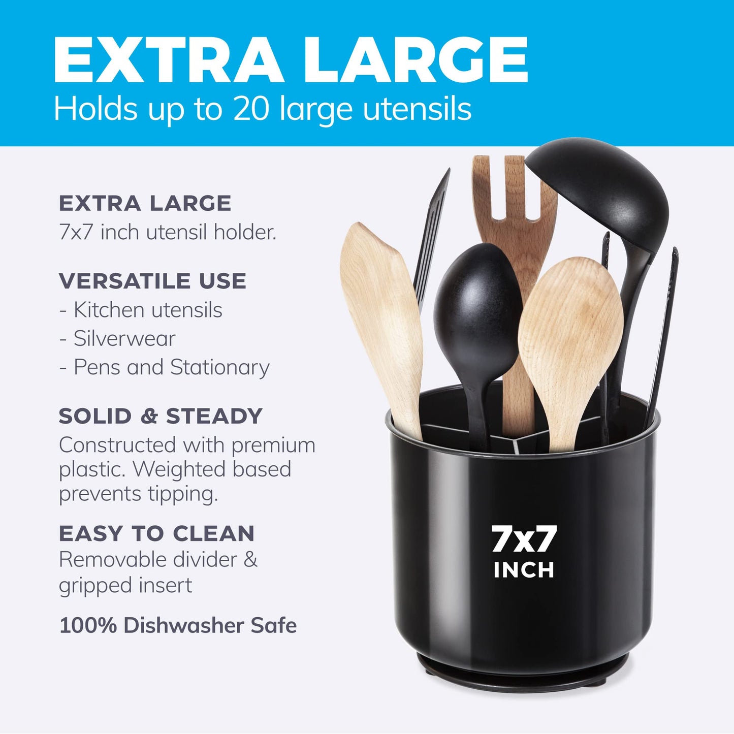 Extra Large and Sturdy Rotating Black Utensil Holder Caddy with No-Tip Weighted Base, and Gripped Insert | Rust Proof and Dishwasher Safe Kitchen Utensils Holder and Cutlery Holder Plastic