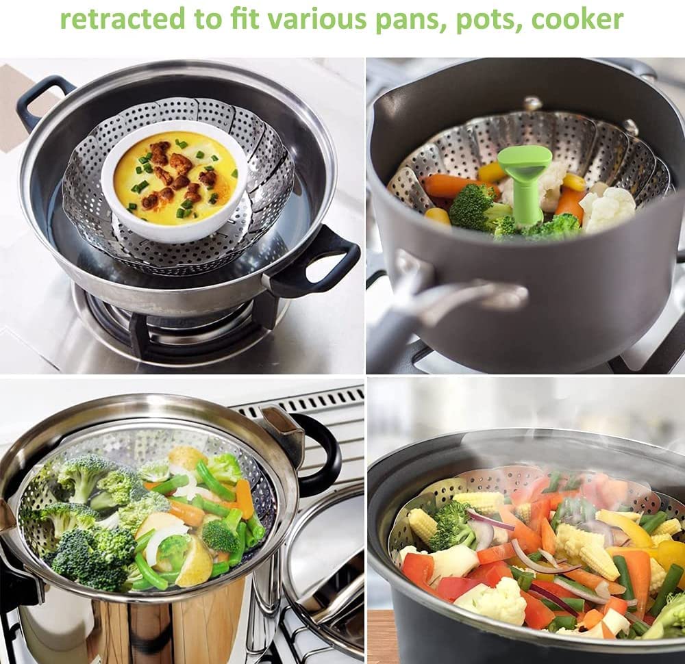 BangShou Steaming Basket for Cooking, Stainless Steel Vegetable Steamer for Saucepan, Metal Collapsible Pan Steamer Insert for Food, Small Folding Veg Petal Steamer with Handle (Upgrade 9'') Upgrade 9''