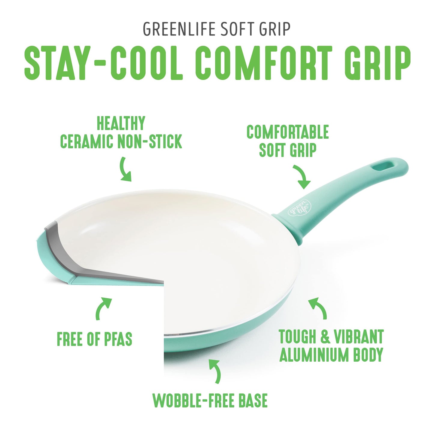 GreenLife Soft Grip Healthy Ceramic Non-Stick 30 cm Frying Pan Skillet, PFAS-Free, Oven Safe, Turquoise