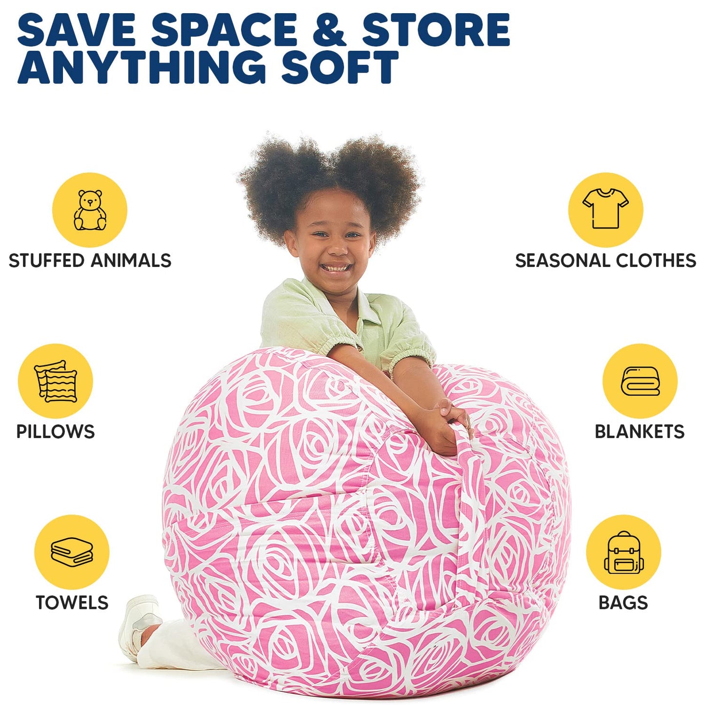 5 STARS UNITED Kids Bean Bag - COVER ONLY - Stuffed Animal Storage - Beanbag Chairs for Kids - 90+ Teddy Plush Toys Holder and Organiser for Girls - 100% Cotton Canvas - Pink Roses